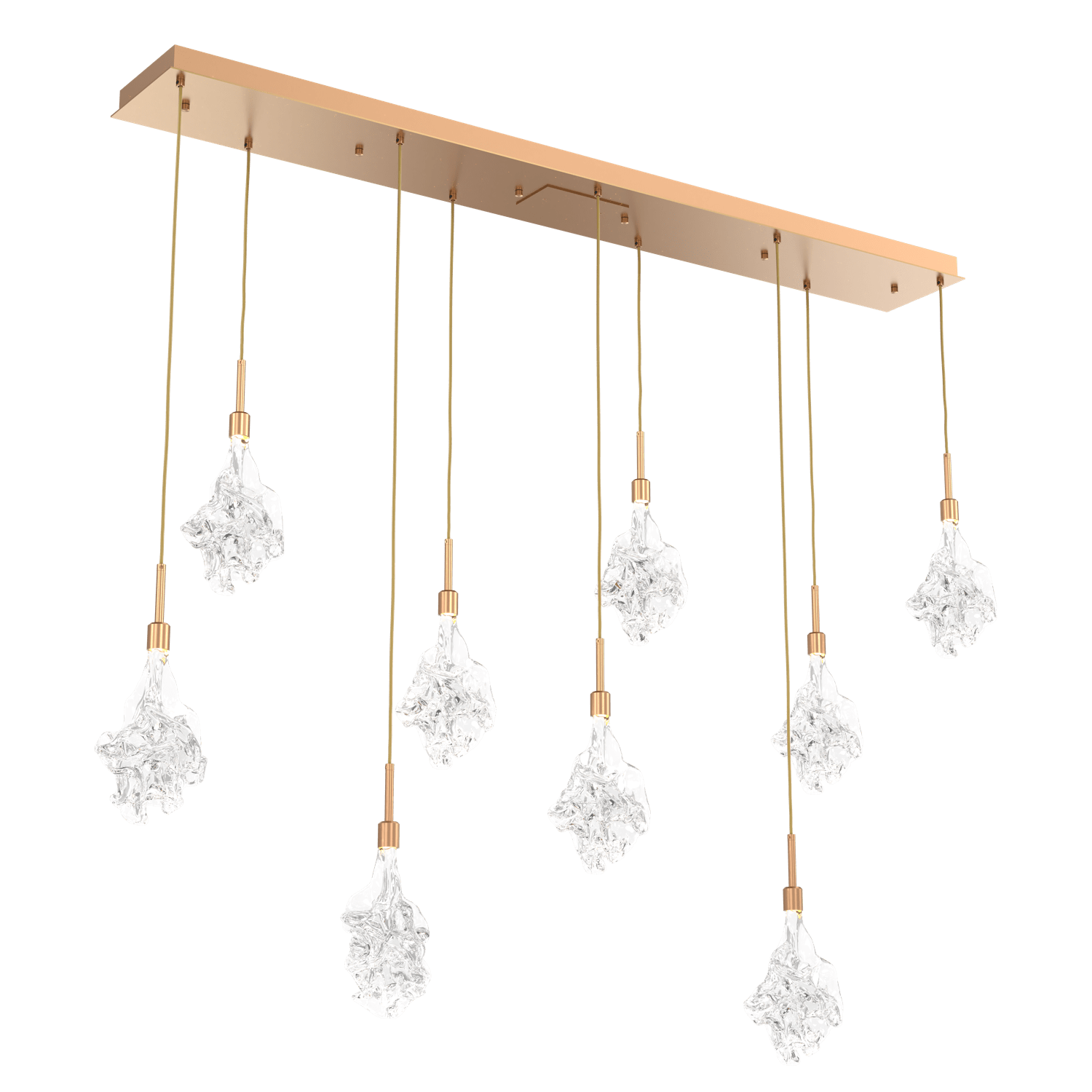 PLB0059-09-NB-Hammerton-Studio-Blossom-9-light-linear-pendant-chandelier-with-novel-brass-finish-and-clear-handblown-crystal-glass-shades-and-LED-lamping