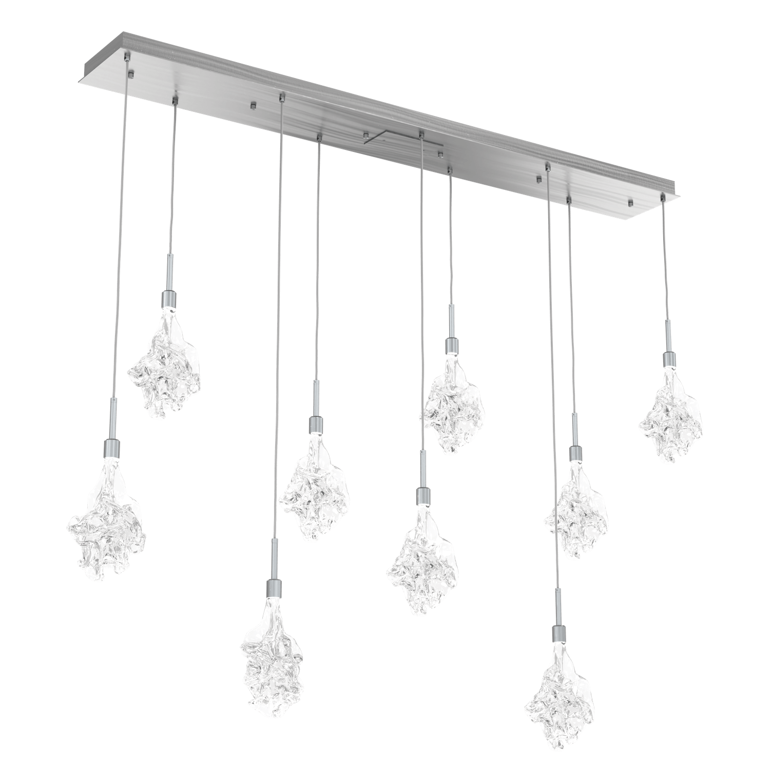 PLB0059-09-SN-Hammerton-Studio-Blossom-9-light-linear-pendant-chandelier-with-satin-nickel-finish-and-clear-handblown-crystal-glass-shades-and-LED-lamping