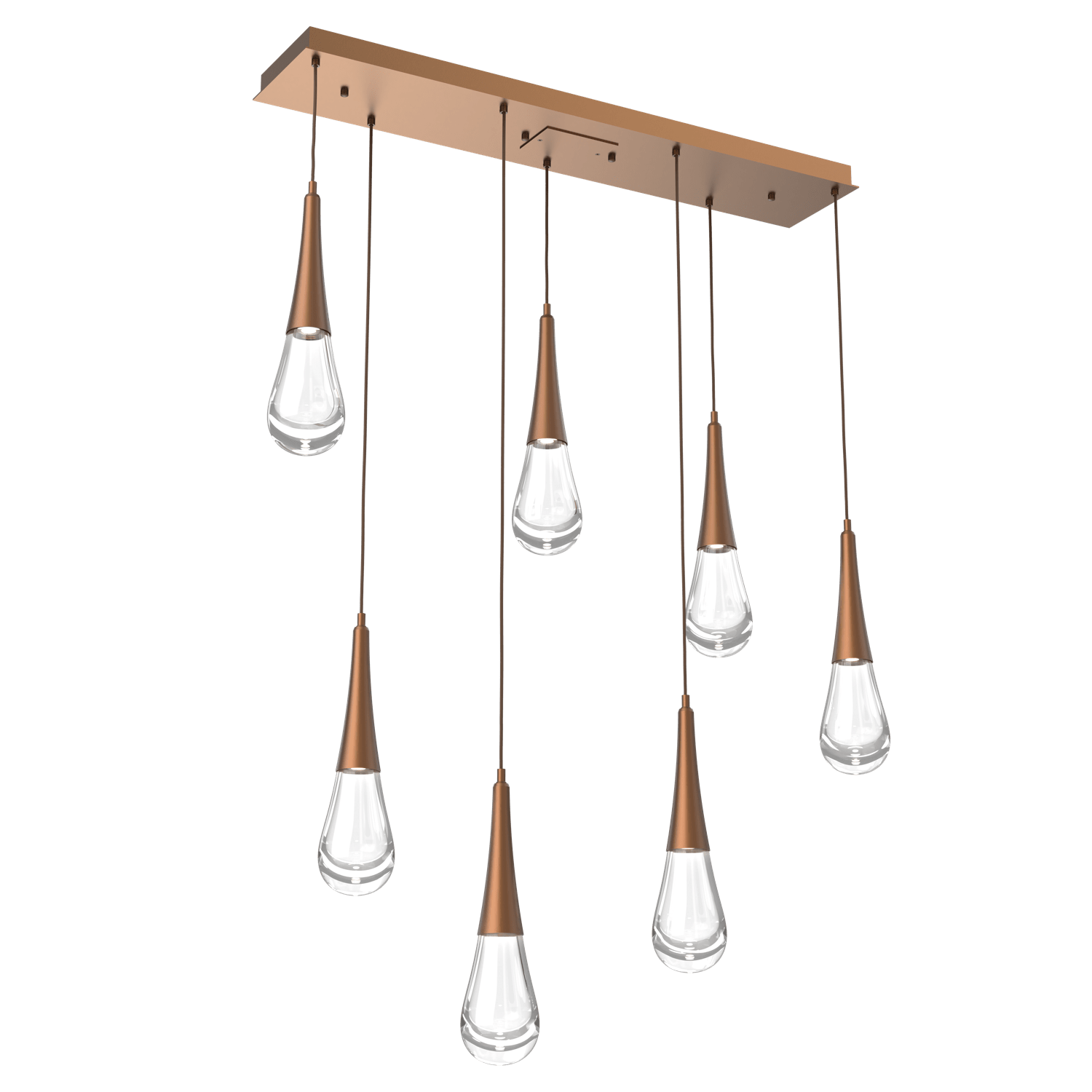 PLB0078-07-BB-Hammerton-Studio-Raindrop-7-light-linear-pendant-chandelier-with-burnished-bronze-finish-and-clear-blown-glass-shades-and-LED-lamping