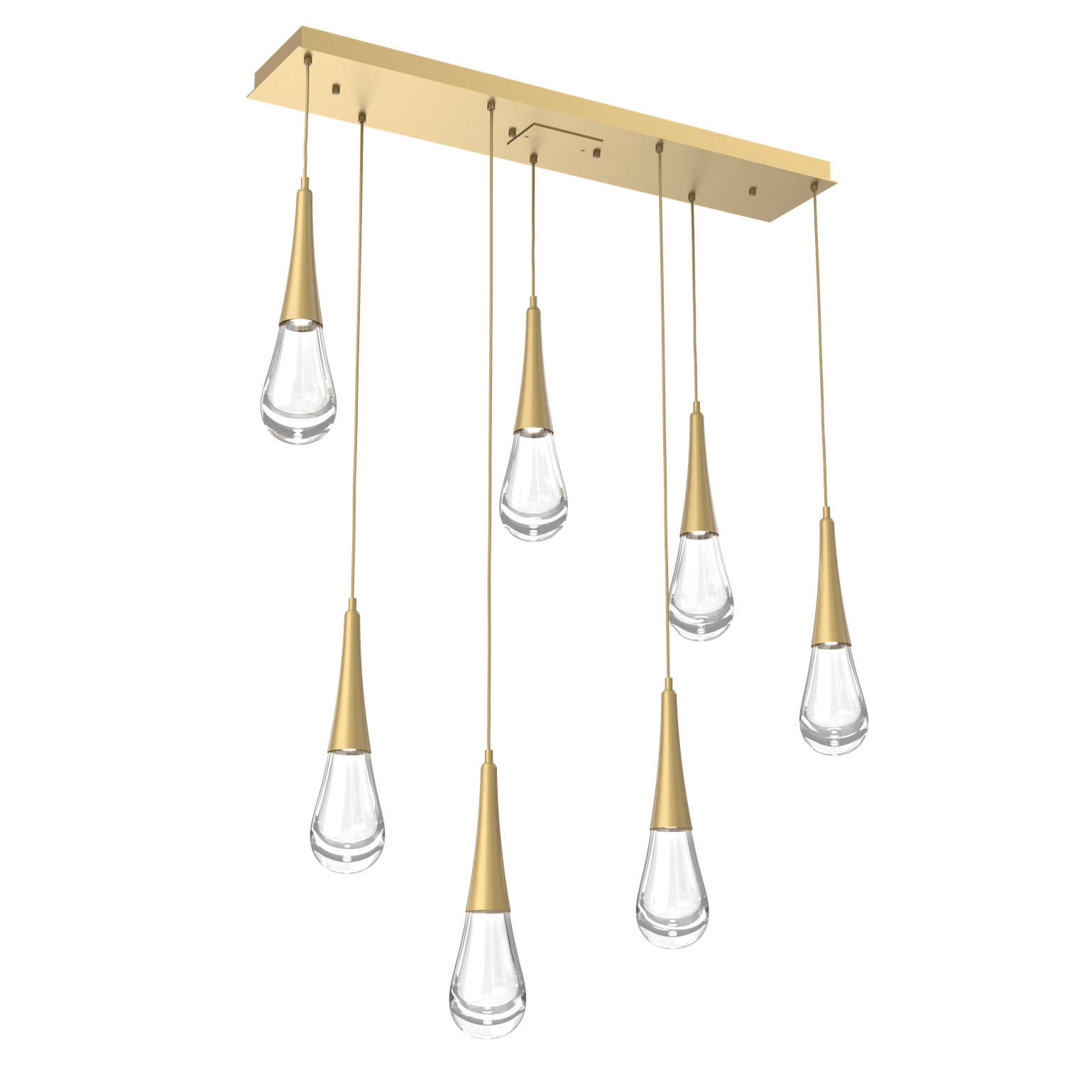 PLB0078-07-GB-Hammerton-Studio-Raindrop-7-light-linear-pendant-chandelier-with-gilded-brass-finish-and-clear-blown-glass-shades-and-LED-lamping