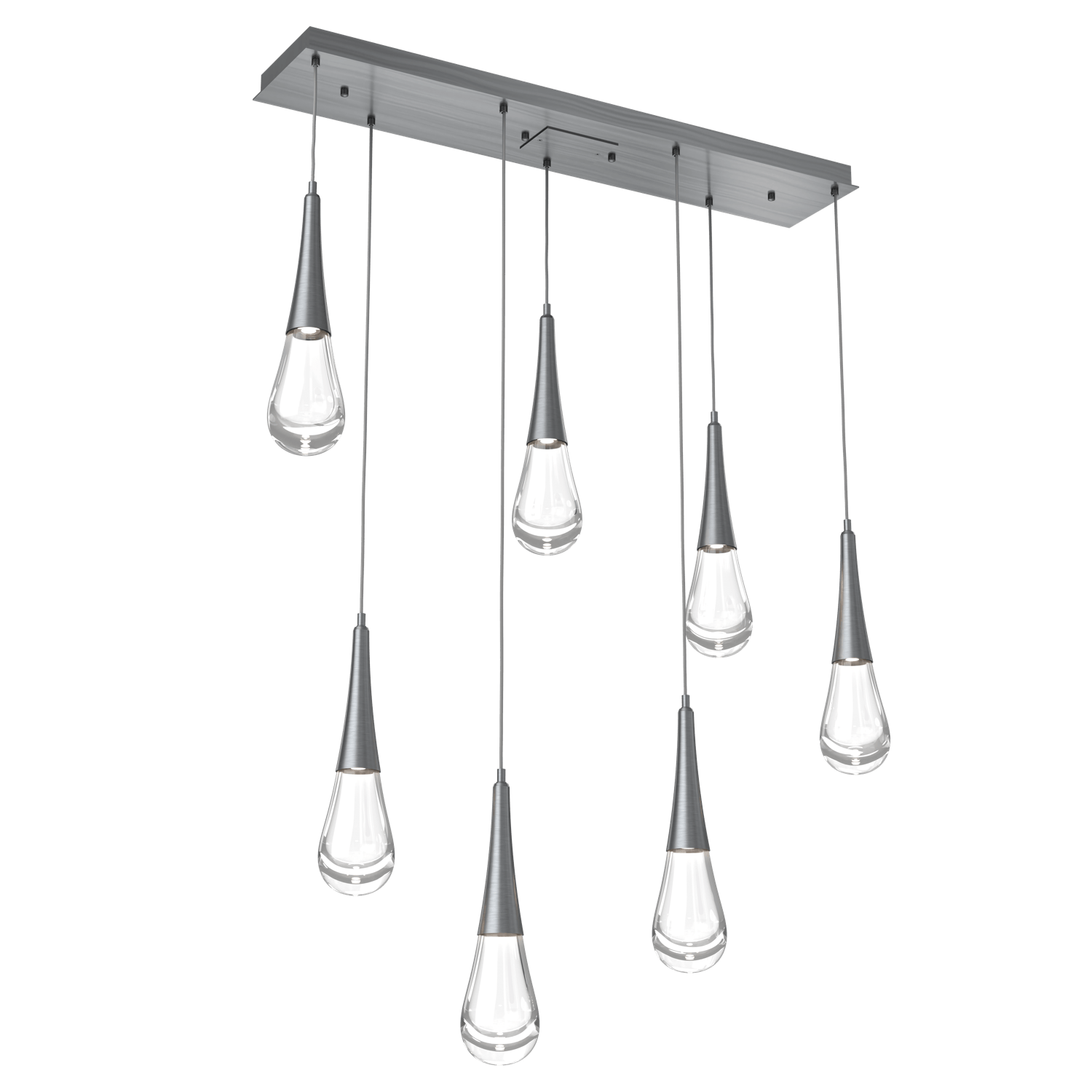 PLB0078-07-GM-Hammerton-Studio-Raindrop-7-light-linear-pendant-chandelier-with-gunmetal-finish-and-clear-blown-glass-shades-and-LED-lamping
