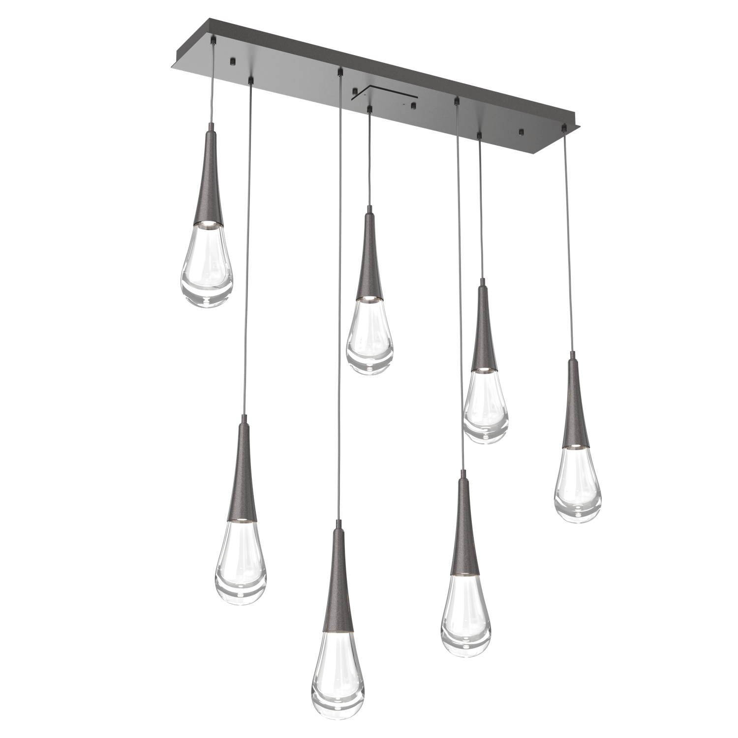 PLB0078-07-GP-Hammerton-Studio-Raindrop-7-light-linear-pendant-chandelier-with-graphite-finish-and-clear-blown-glass-shades-and-LED-lamping