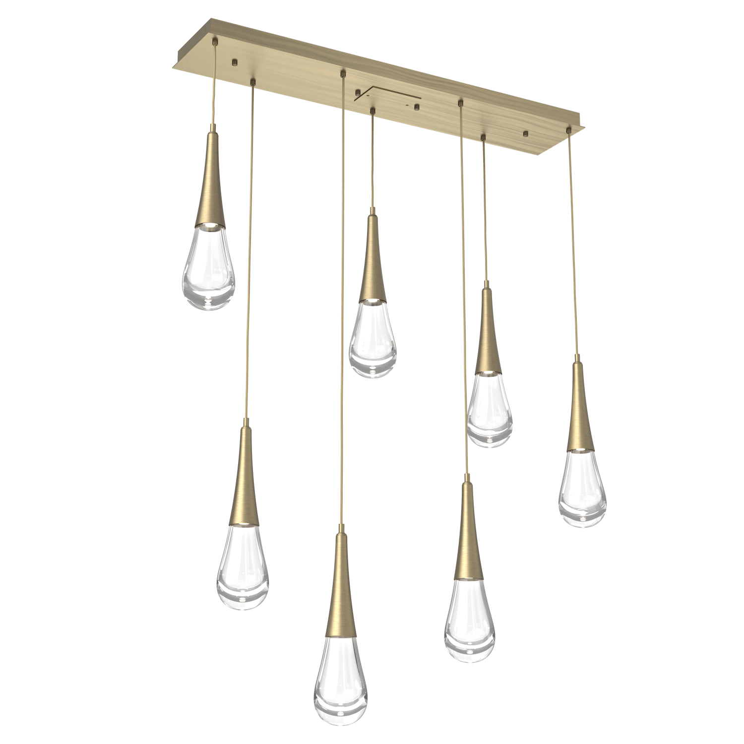 PLB0078-07-HB-Hammerton-Studio-Raindrop-7-light-linear-pendant-chandelier-with-heritage-brass-finish-and-clear-blown-glass-shades-and-LED-lamping