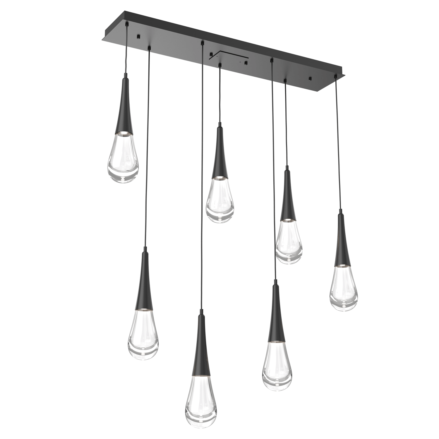 PLB0078-07-MB-Hammerton-Studio-Raindrop-7-light-linear-pendant-chandelier-with-matte-black-finish-and-clear-blown-glass-shades-and-LED-lamping