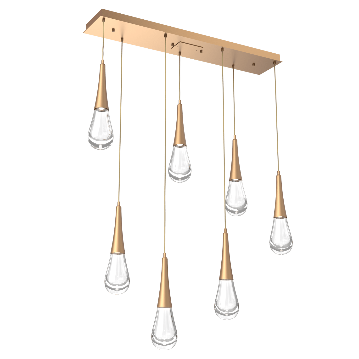 PLB0078-07-NB-Hammerton-Studio-Raindrop-7-light-linear-pendant-chandelier-with-novel-brass-finish-and-clear-blown-glass-shades-and-LED-lamping