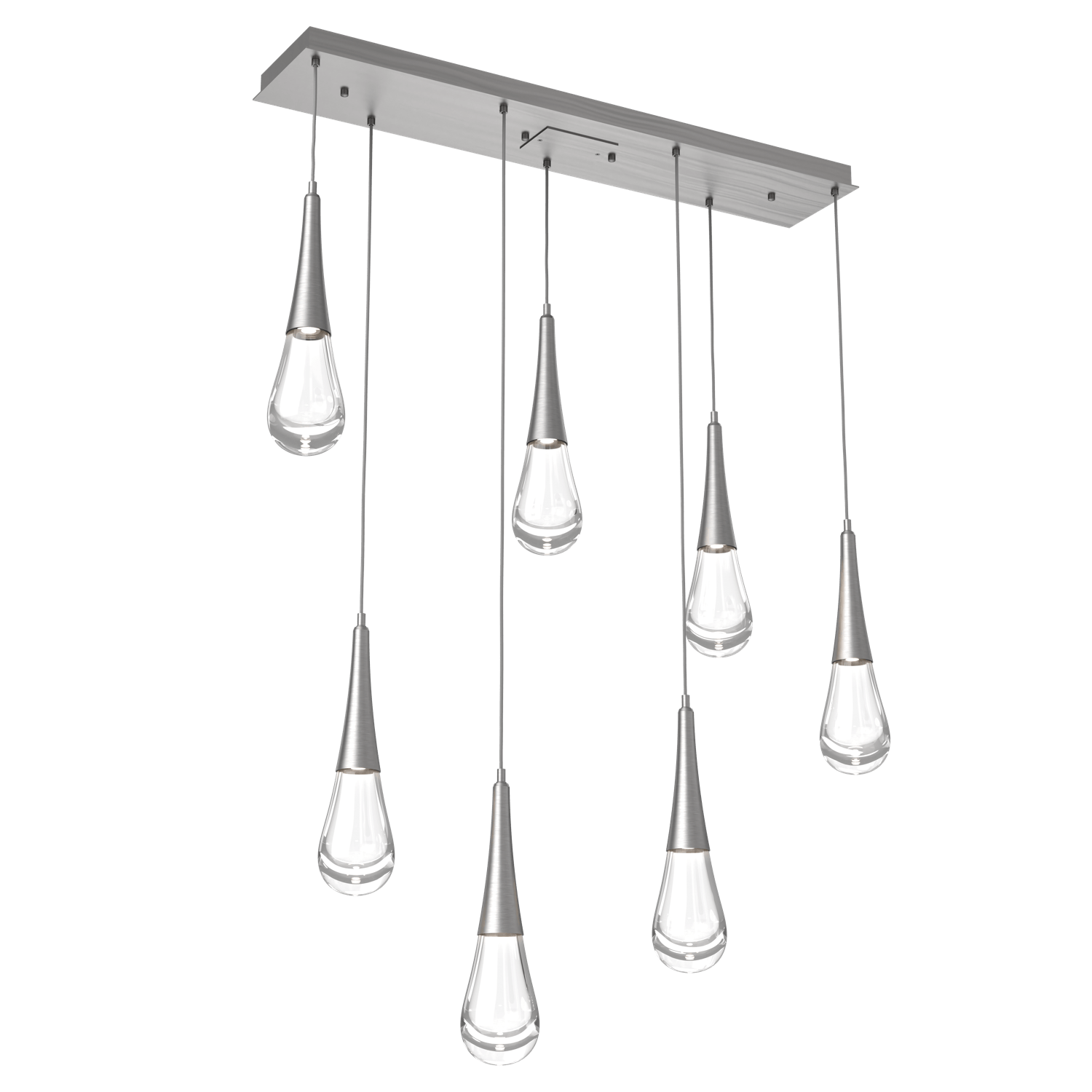 PLB0078-07-SN-Hammerton-Studio-Raindrop-7-light-linear-pendant-chandelier-with-satin-nickel-finish-and-clear-blown-glass-shades-and-LED-lamping