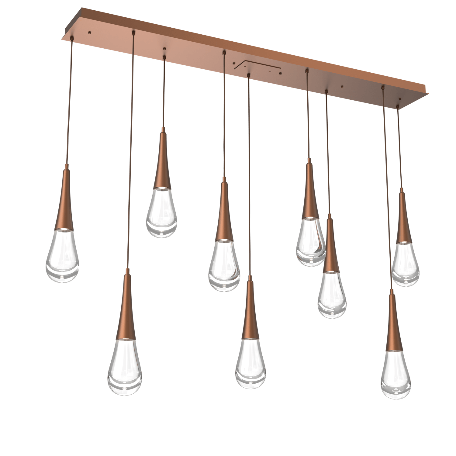 PLB0078-09-BB-Hammerton-Studio-Raindrop-9-light-linear-pendant-chandelier-with-burnished-bronze-finish-and-clear-blown-glass-shades-and-LED-lamping
