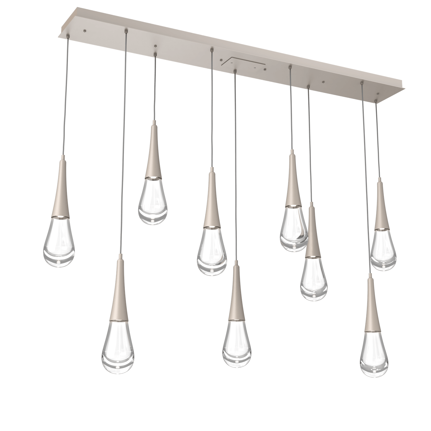 PLB0078-09-BS-Hammerton-Studio-Raindrop-9-light-linear-pendant-chandelier-with-metallic-beige-silver-finish-and-clear-blown-glass-shades-and-LED-lamping