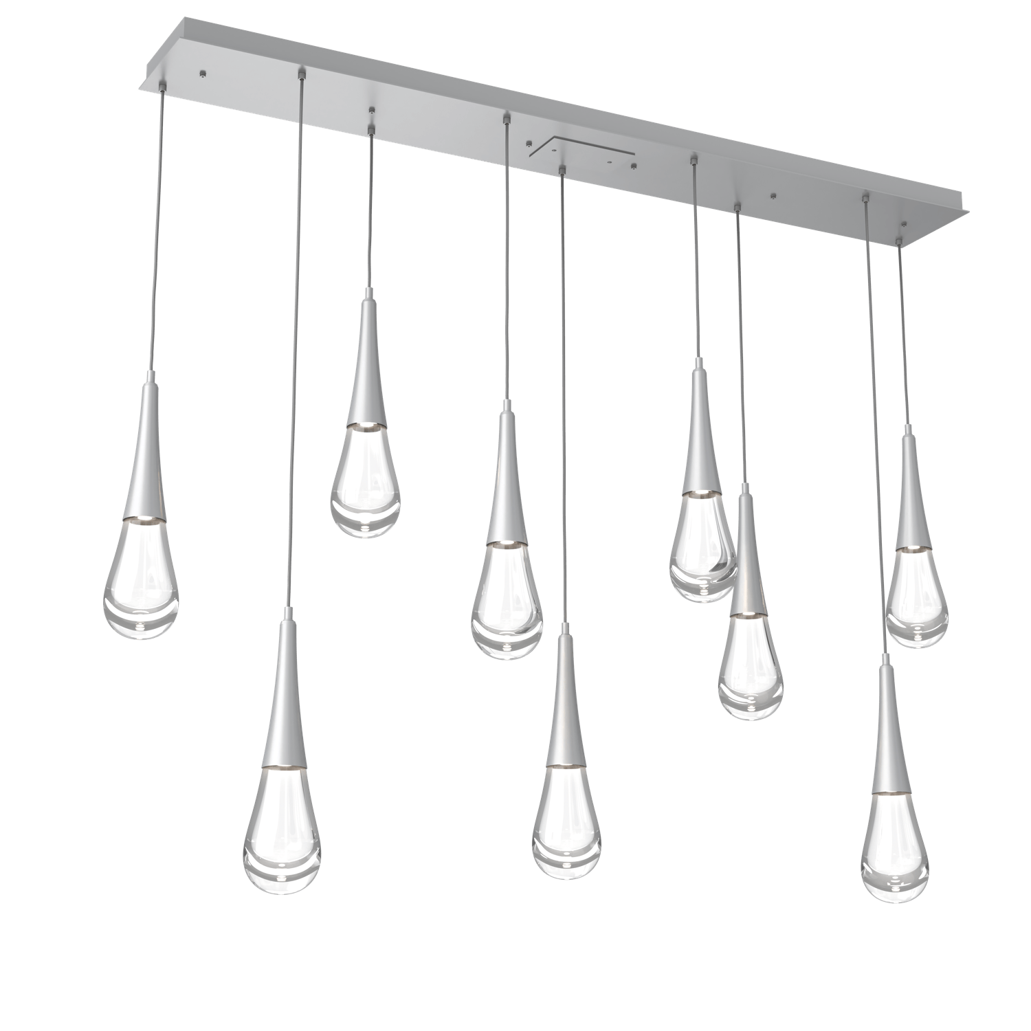 PLB0078-09-CS-Hammerton-Studio-Raindrop-9-light-linear-pendant-chandelier-with-classic-silver-finish-and-clear-blown-glass-shades-and-LED-lamping