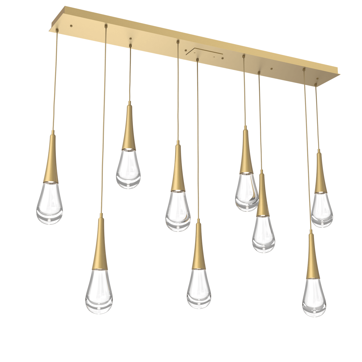PLB0078-09-GB-Hammerton-Studio-Raindrop-9-light-linear-pendant-chandelier-with-gilded-brass-finish-and-clear-blown-glass-shades-and-LED-lamping