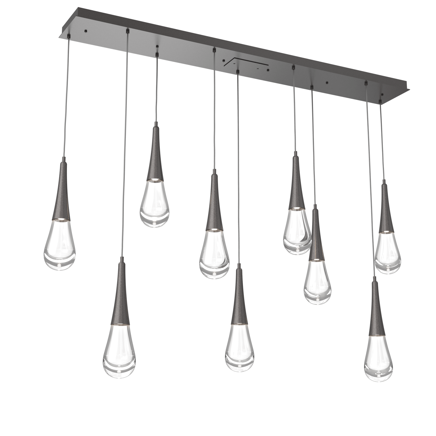PLB0078-09-GP-Hammerton-Studio-Raindrop-9-light-linear-pendant-chandelier-with-graphite-finish-and-clear-blown-glass-shades-and-LED-lamping