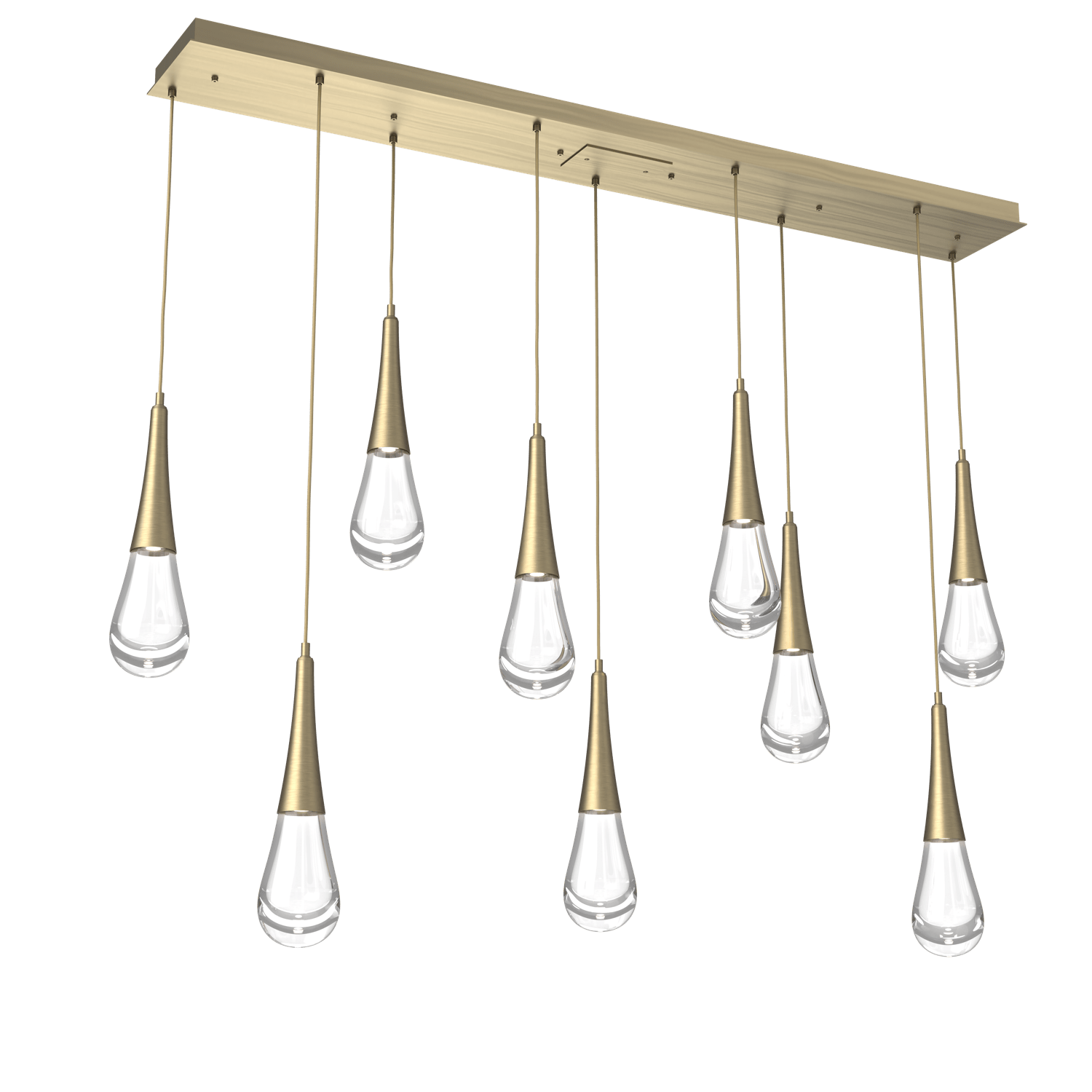 PLB0078-09-HB-Hammerton-Studio-Raindrop-9-light-linear-pendant-chandelier-with-heritage-brass-finish-and-clear-blown-glass-shades-and-LED-lamping