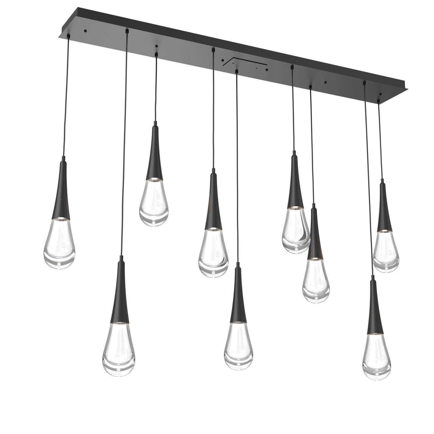 PLB0078-09-MB-Hammerton-Studio-Raindrop-9-light-linear-pendant-chandelier-with-matte-black-finish-and-clear-blown-glass-shades-and-LED-lamping