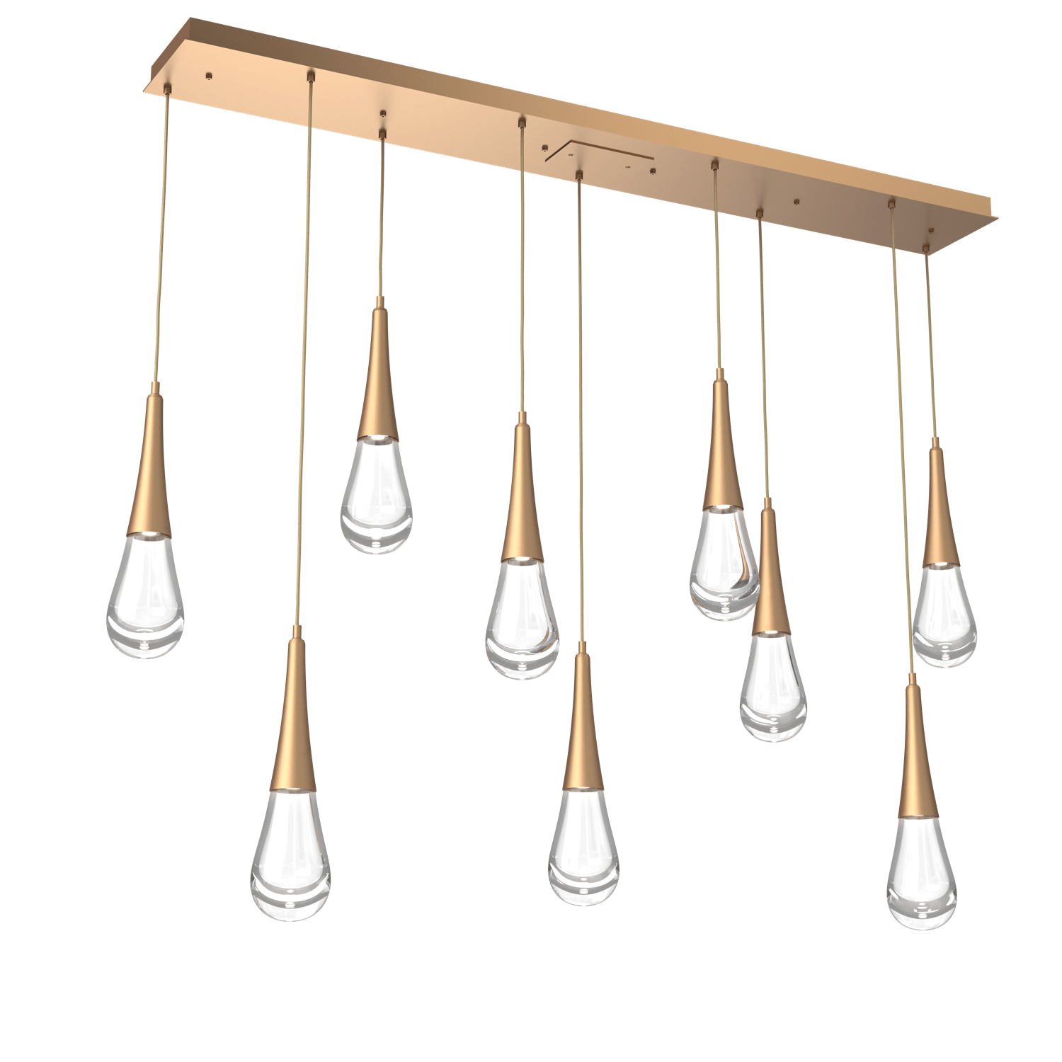 PLB0078-09-NB-Hammerton-Studio-Raindrop-9-light-linear-pendant-chandelier-with-novel-brass-finish-and-clear-blown-glass-shades-and-LED-lamping