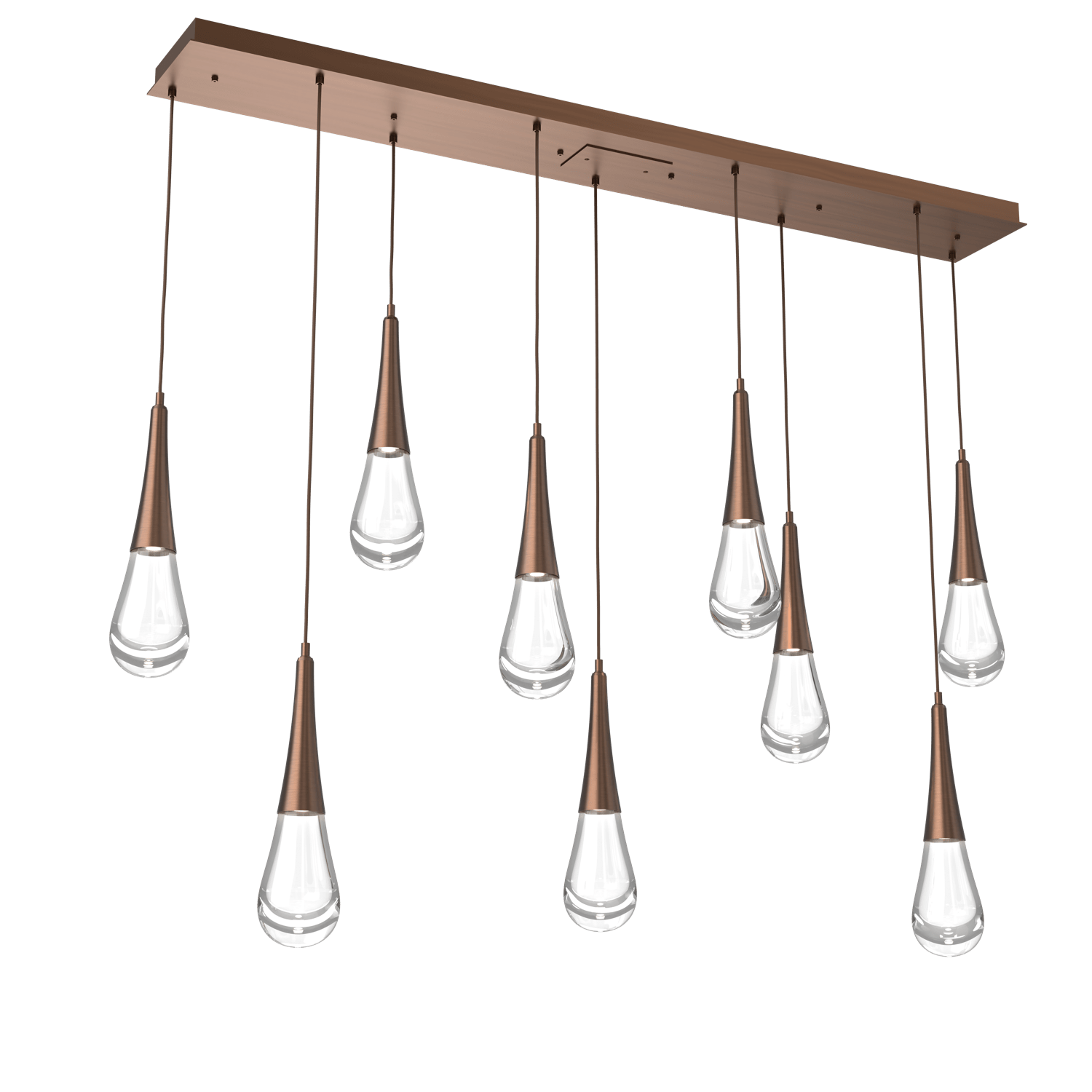 PLB0078-09-RB-Hammerton-Studio-Raindrop-9-light-linear-pendant-chandelier-with-oil-rubbed-bronze-finish-and-clear-blown-glass-shades-and-LED-lamping