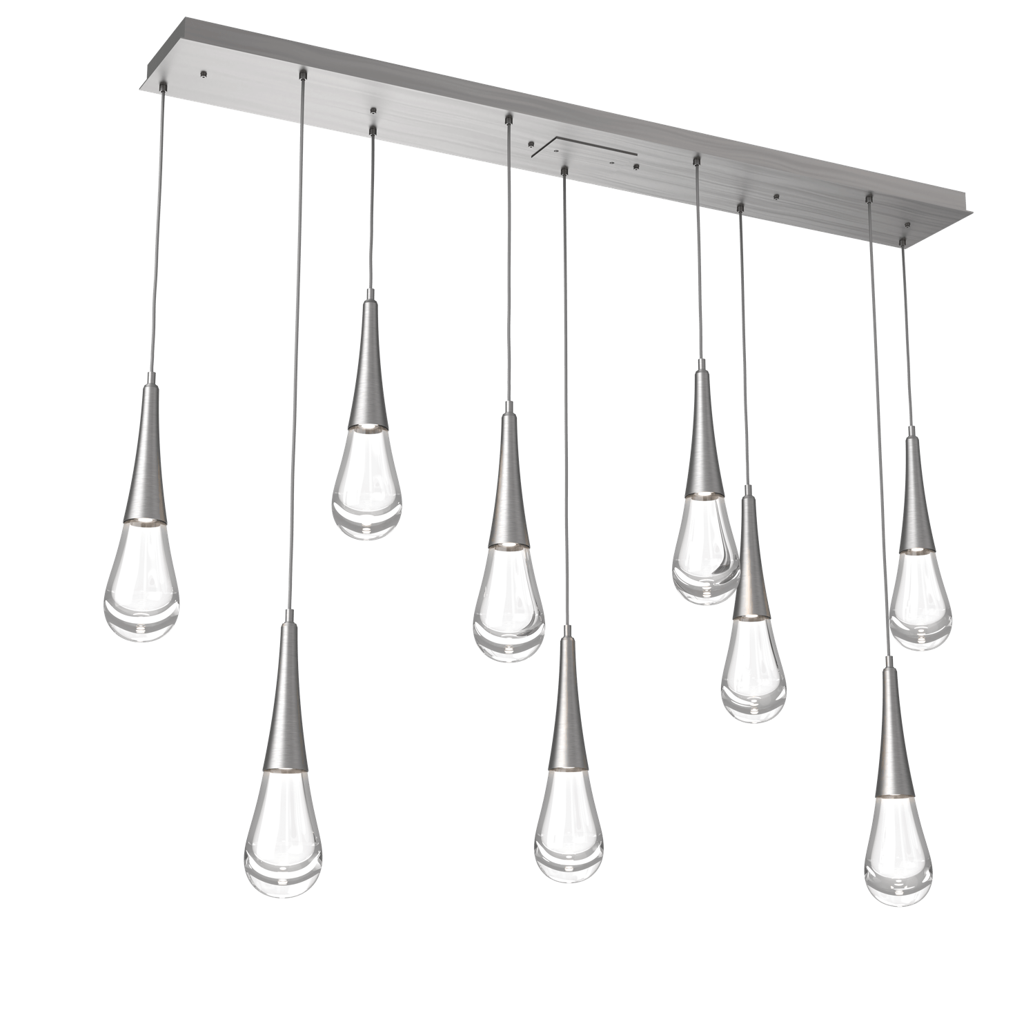 PLB0078-09-SN-Hammerton-Studio-Raindrop-9-light-linear-pendant-chandelier-with-satin-nickel-finish-and-clear-blown-glass-shades-and-LED-lamping