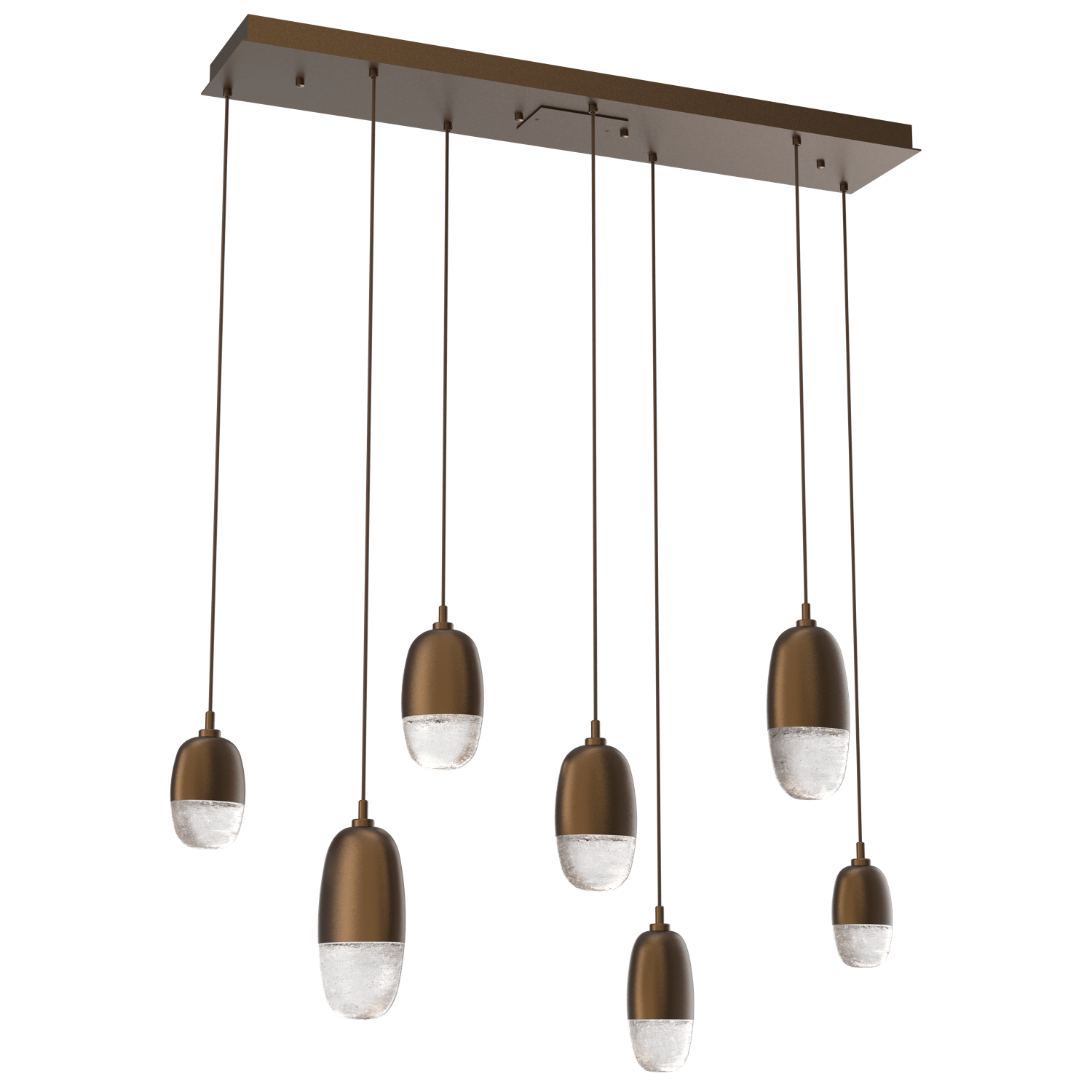 PLB0079-07-FB-Hammerton-Studio-Pebble-7-light-linear-pendant-chandelier-with-flat-bronze-finish-and-clear-cast-glass-shades-and-LED-lamping