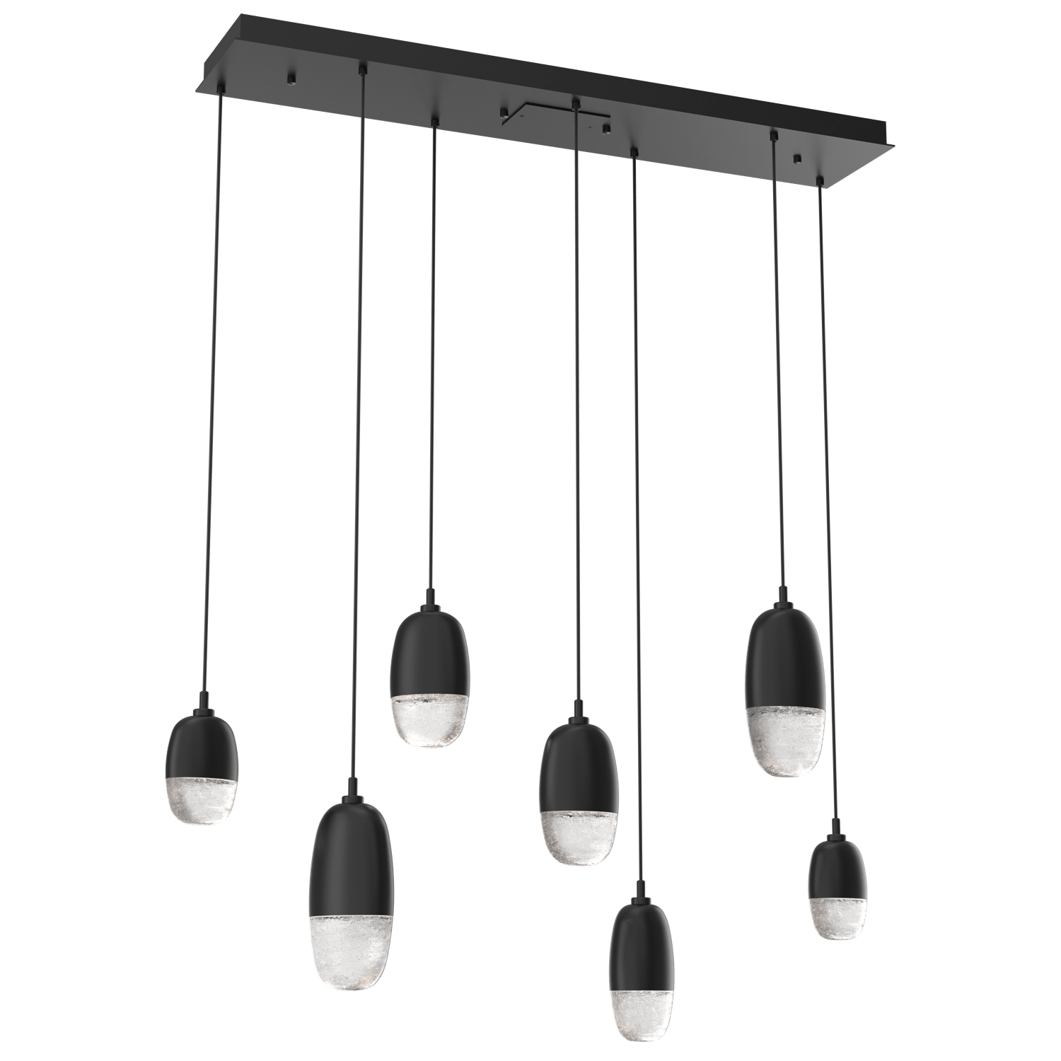 PLB0079-07-MB-Hammerton-Studio-Pebble-7-light-linear-pendant-chandelier-with-matte-black-finish-and-clear-cast-glass-shades-and-LED-lamping
