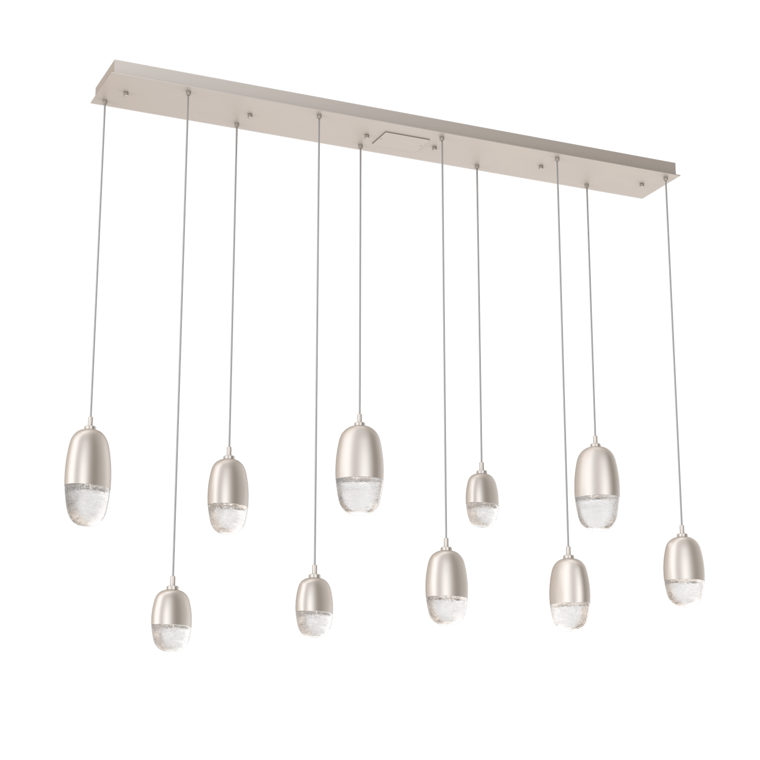 PLB0079-09-BS-Hammerton-Studio-Pebble-9-light-linear-pendant-chandelier-with-metallic-beige-silver-finish-and-clear-cast-glass-shades-and-LED-lamping