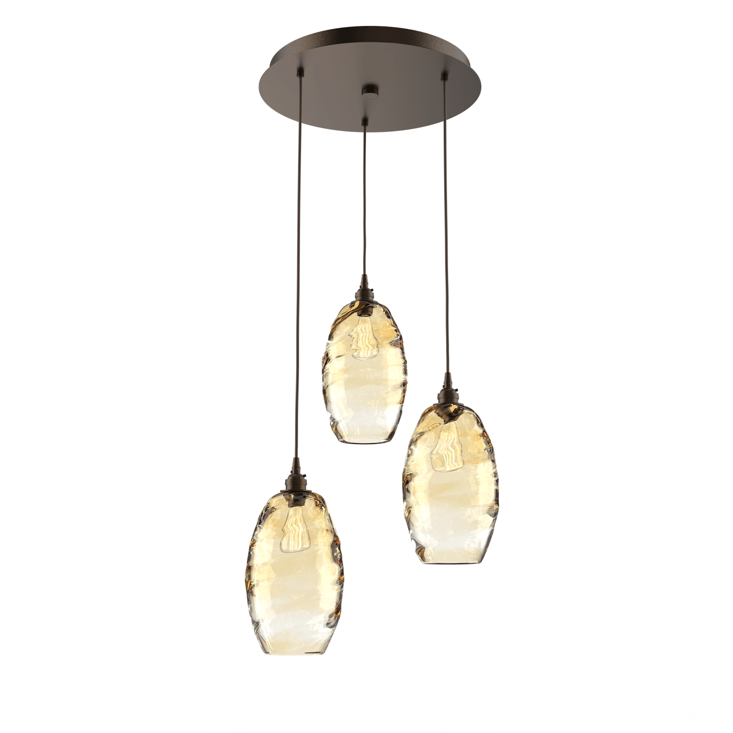 CHB0035-03-FB-OA-Hammerton-Studio-Optic-Blown-Glass-Elisse-3-light-round-pendant-chandelier-with-flat-bronze-finish-and-optic-amber-blown-glass-shades-and-incandescent-lamping