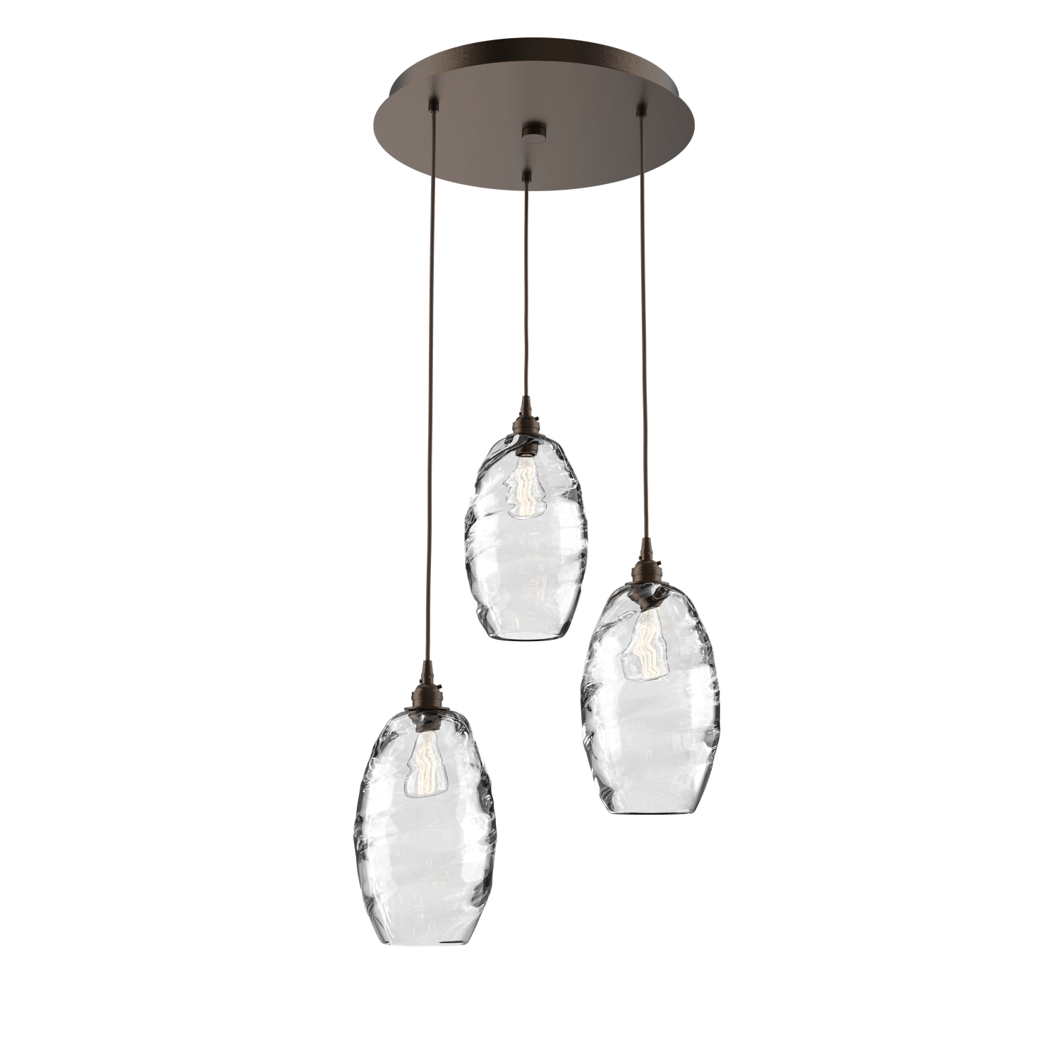CHB0035-03-FB-OC-Hammerton-Studio-Optic-Blown-Glass-Elisse-3-light-round-pendant-chandelier-with-flat-bronze-finish-and-optic-clear-blown-glass-shades-and-incandescent-lamping