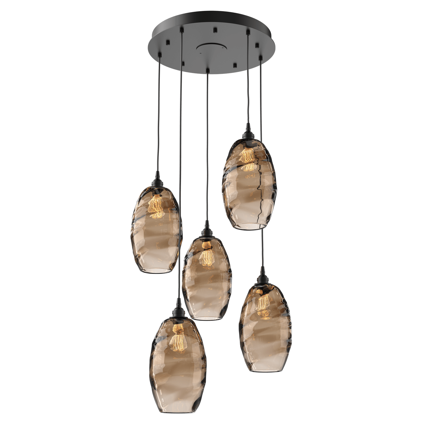 CHB0035-05-MB-OB-Hammerton-Studio-Optic-Blown-Glass-Elisse-5-light-round-pendant-chandelier-with-matte-black-finish-and-optic-bronze-blown-glass-shades-and-incandescent-lamping