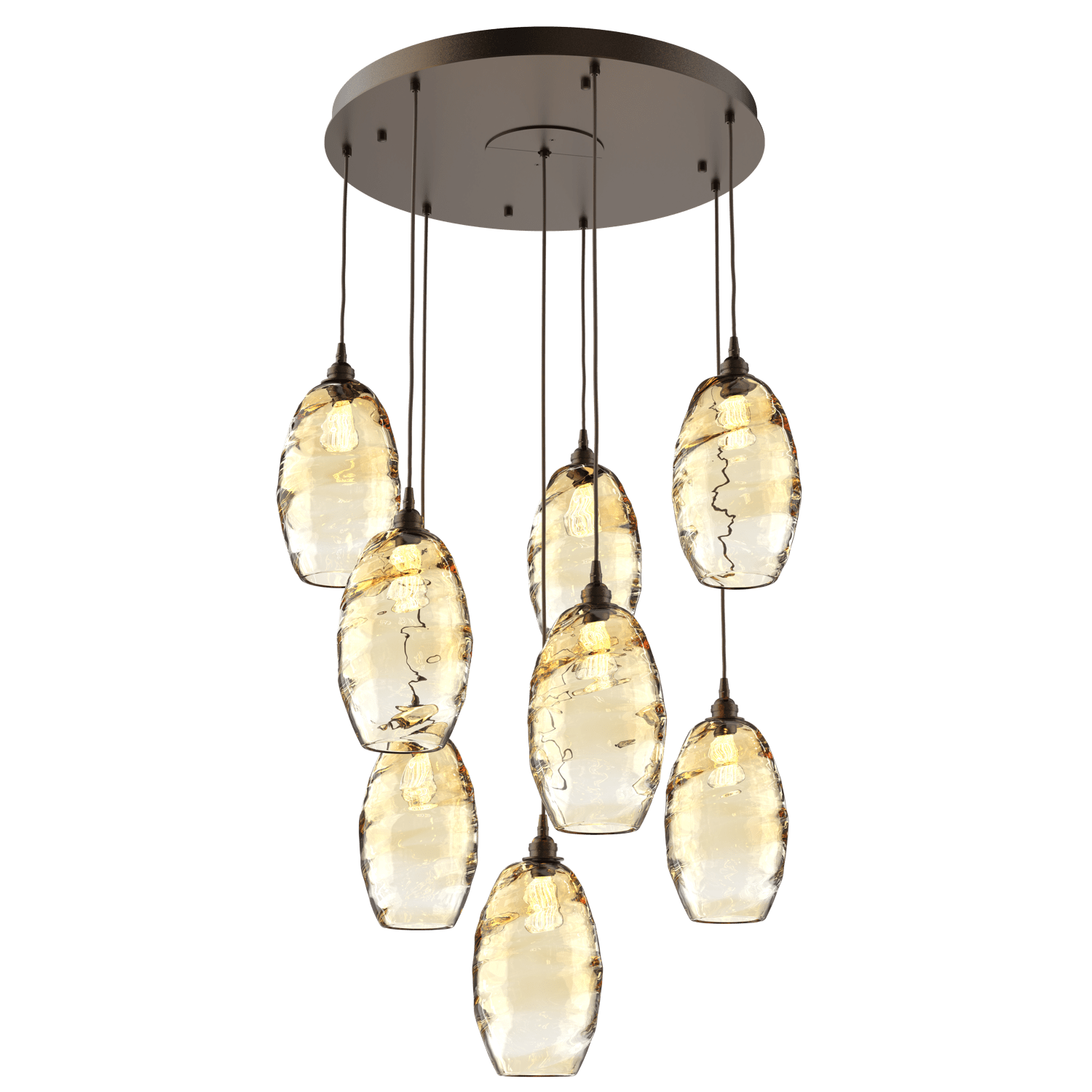 CHB0035-08-FB-OA-Hammerton-Studio-Optic-Blown-Glass-Elisse-8-light-round-pendant-chandelier-with-flat-bronze-finish-and-optic-amber-blown-glass-shades-and-incandescent-lamping
