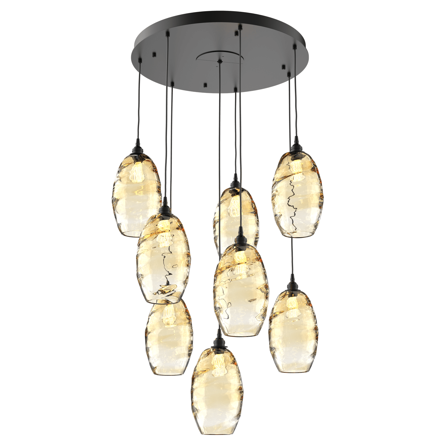 CHB0035-08-MB-OA-Hammerton-Studio-Optic-Blown-Glass-Elisse-8-light-round-pendant-chandelier-with-matte-black-finish-and-optic-amber-blown-glass-shades-and-incandescent-lamping
