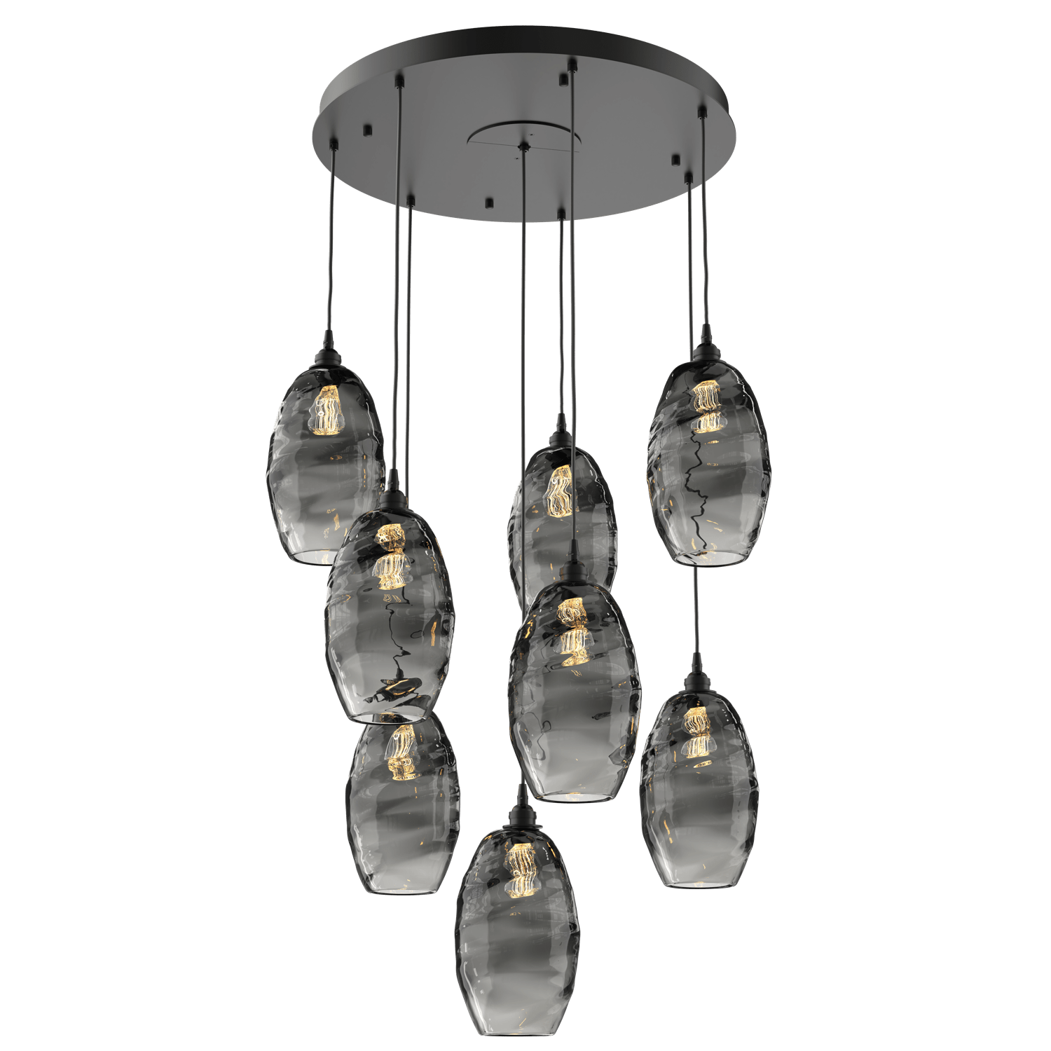 CHB0035-08-MB-OS-Hammerton-Studio-Optic-Blown-Glass-Elisse-8-light-round-pendant-chandelier-with-matte-black-finish-and-optic-smoke-blown-glass-shades-and-incandescent-lamping