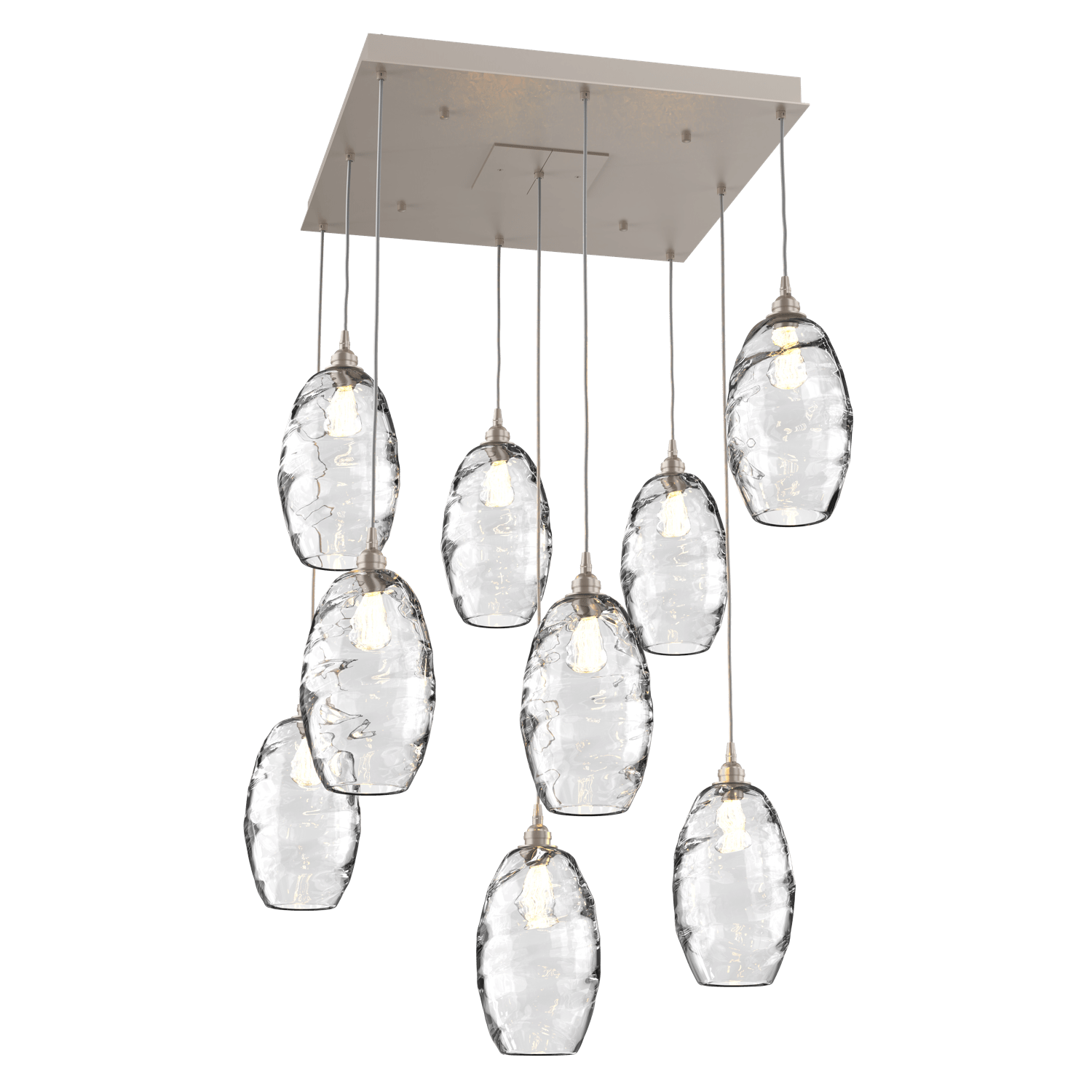 CHB0035-09-BS-OC-Hammerton-Studio-Optic-Blown-Glass-Elisse-9-light-square-pendant-chandelier-with-metallic-beige-silver-finish-and-optic-clear-blown-glass-shades-and-incandescent-lamping