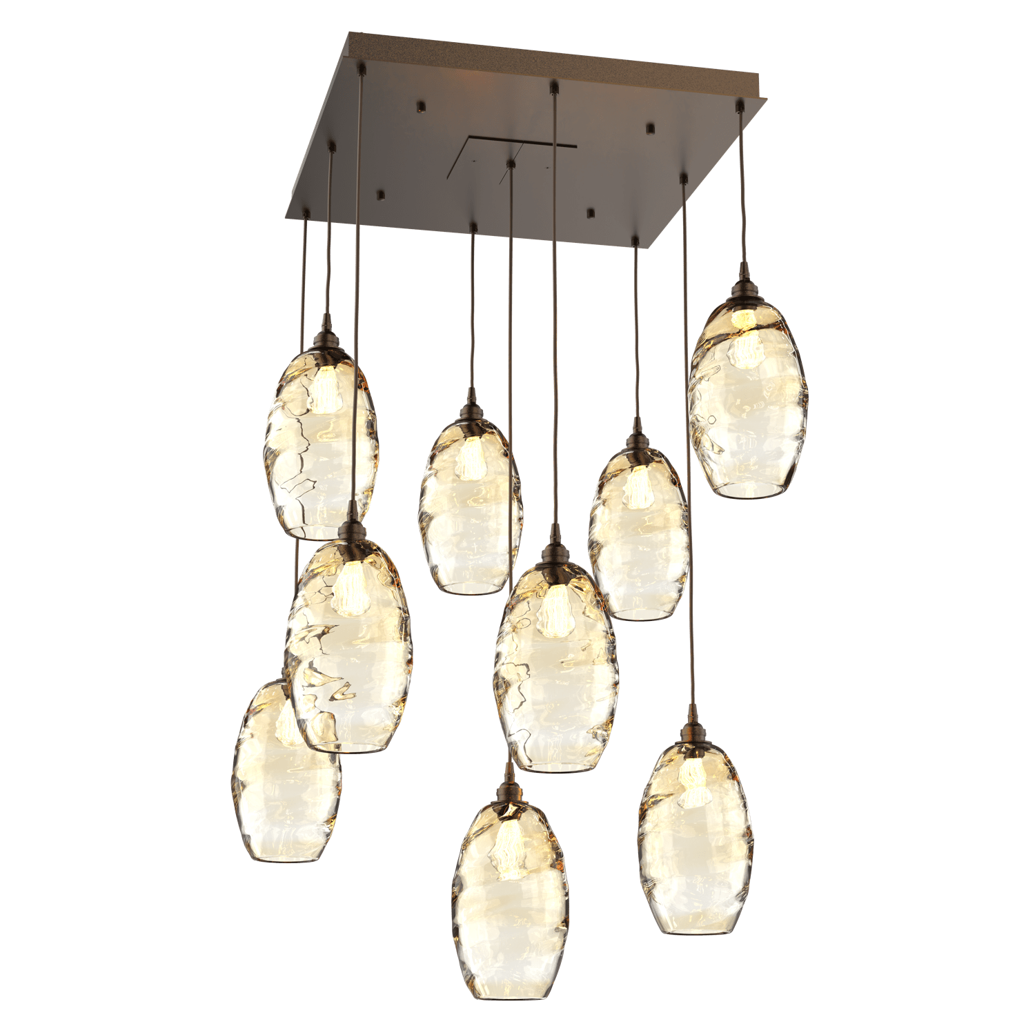 CHB0035-09-FB-OA-Hammerton-Studio-Optic-Blown-Glass-Elisse-9-light-square-pendant-chandelier-with-flat-bronze-finish-and-optic-amber-blown-glass-shades-and-incandescent-lamping