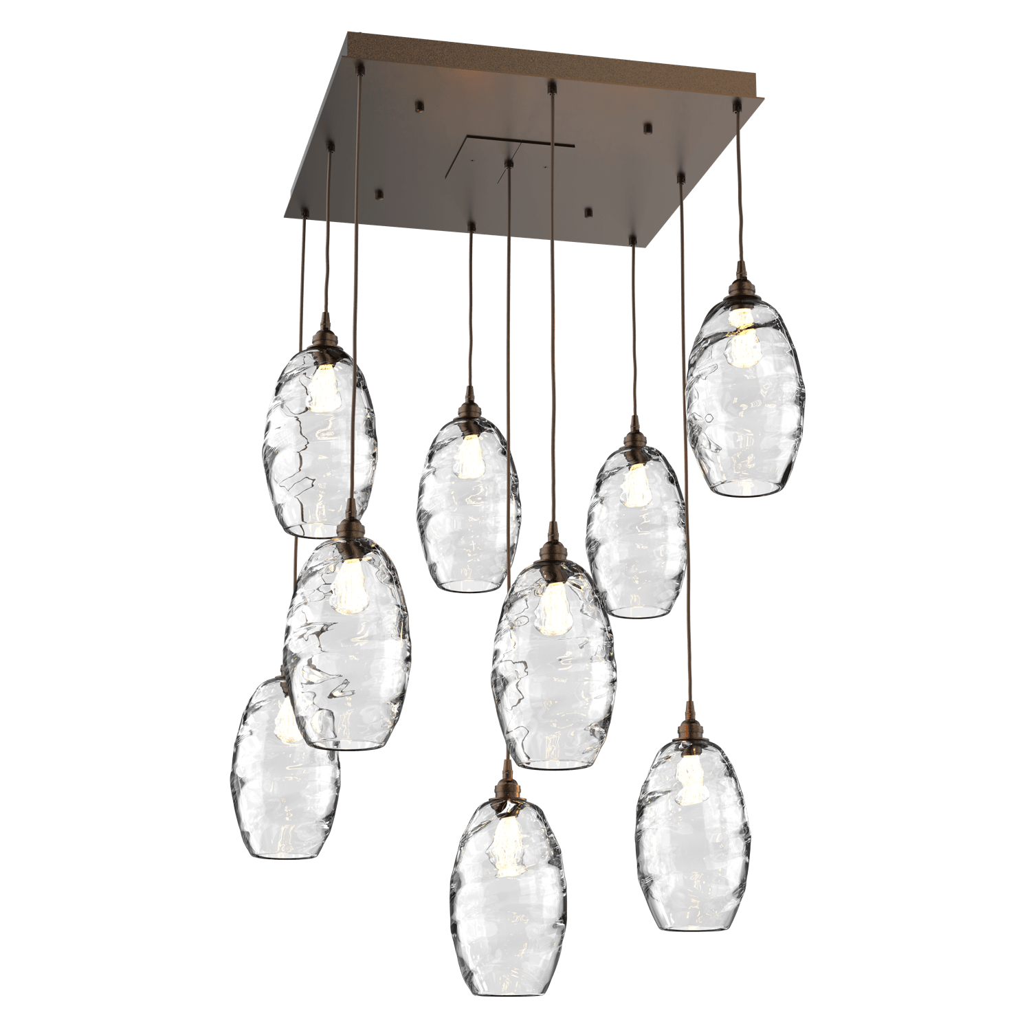 CHB0035-09-FB-OC-Hammerton-Studio-Optic-Blown-Glass-Elisse-9-light-square-pendant-chandelier-with-flat-bronze-finish-and-optic-clear-blown-glass-shades-and-incandescent-lamping