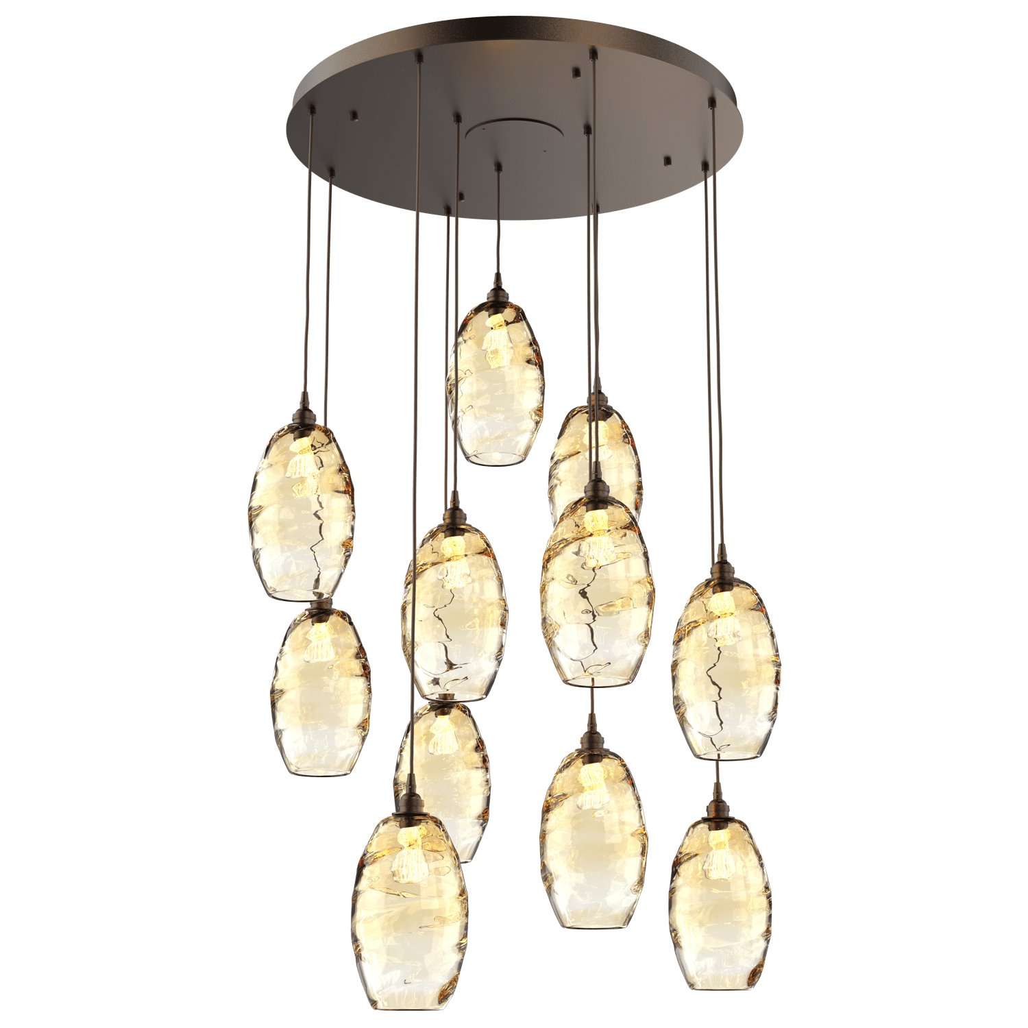 CHB0035-11-FB-OA-Hammerton-Studio-Optic-Blown-Glass-Elisse-11-light-round-pendant-chandelier-with-flat-bronze-finish-and-optic-amber-blown-glass-shades-and-incandescent-lamping