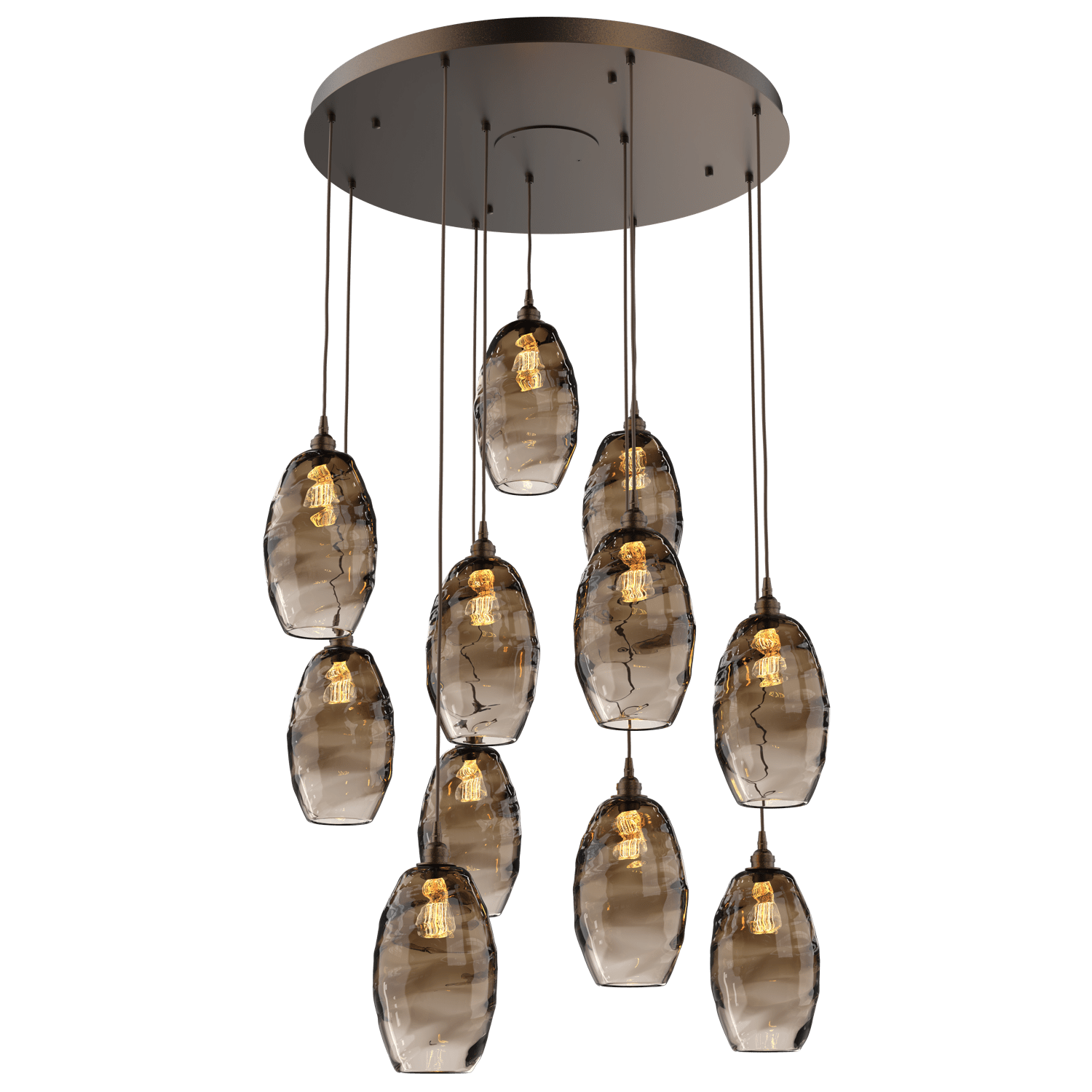 CHB0035-11-FB-OB-Hammerton-Studio-Optic-Blown-Glass-Elisse-11-light-round-pendant-chandelier-with-flat-bronze-finish-and-optic-bronze-blown-glass-shades-and-incandescent-lamping