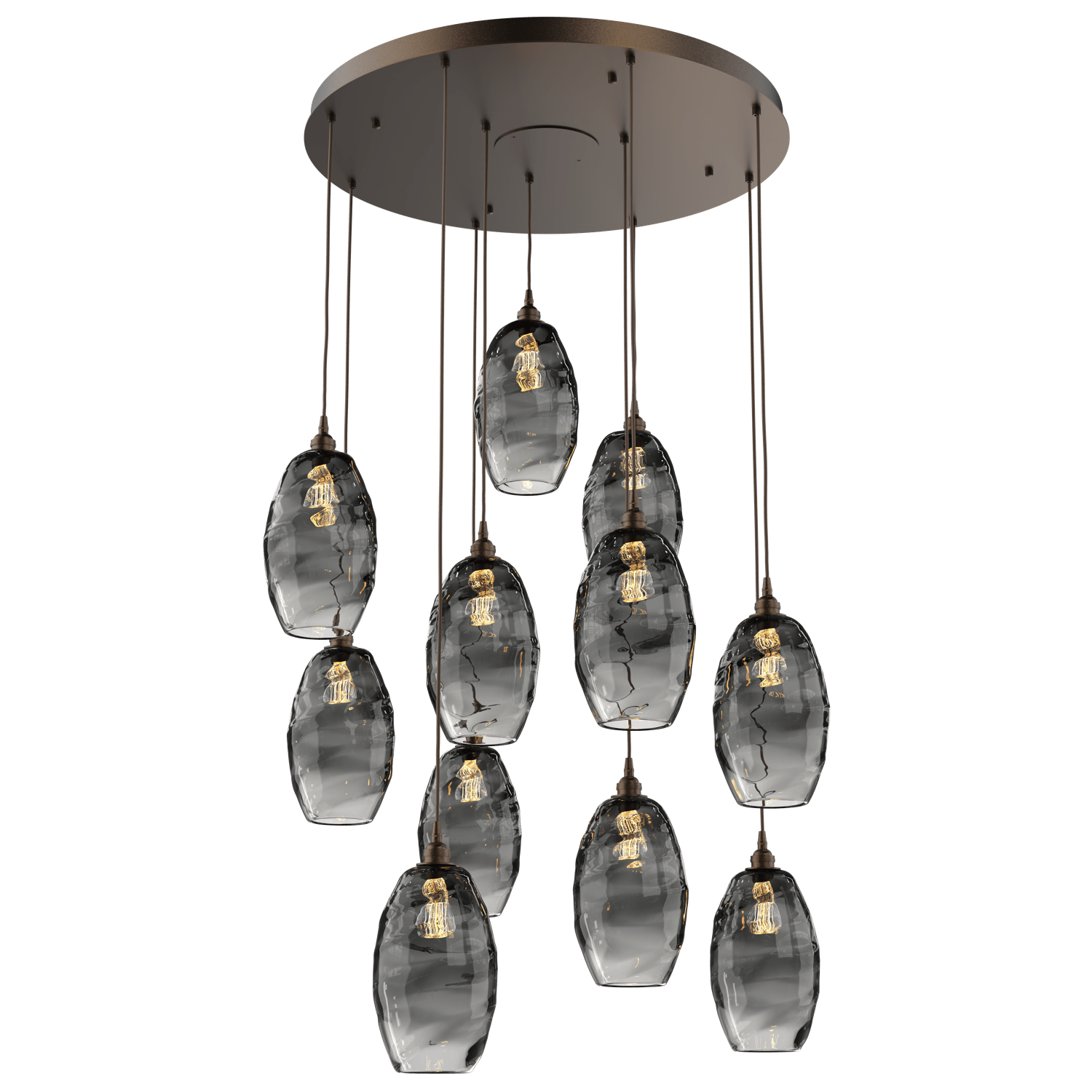 CHB0035-11-FB-OS-Hammerton-Studio-Optic-Blown-Glass-Elisse-11-light-round-pendant-chandelier-with-flat-bronze-finish-and-optic-smoke-blown-glass-shades-and-incandescent-lamping