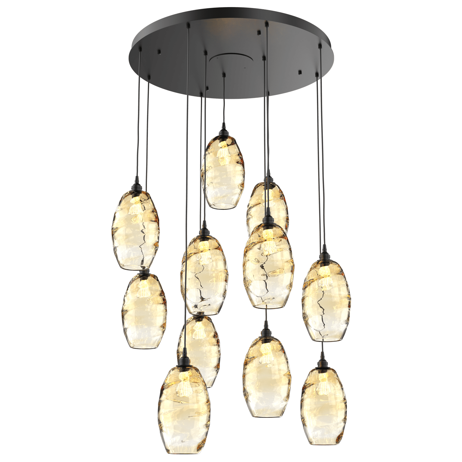 CHB0035-11-MB-OA-Hammerton-Studio-Optic-Blown-Glass-Elisse-11-light-round-pendant-chandelier-with-matte-black-finish-and-optic-amber-blown-glass-shades-and-incandescent-lamping