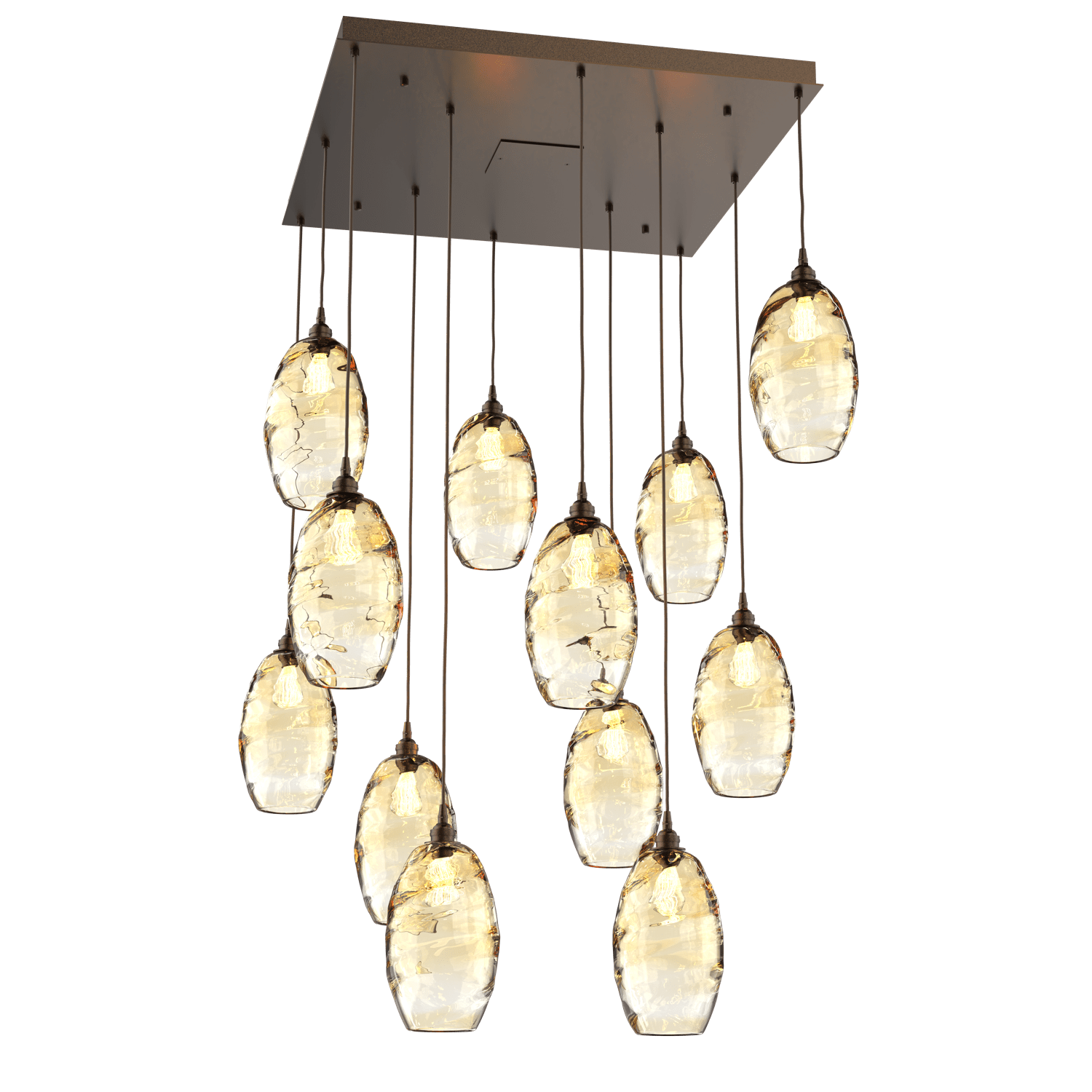 CHB0035-12-FB-OA-Hammerton-Studio-Optic-Blown-Glass-Elisse-12-light-square-pendant-chandelier-with-flat-bronze-finish-and-optic-amber-blown-glass-shades-and-incandescent-lamping