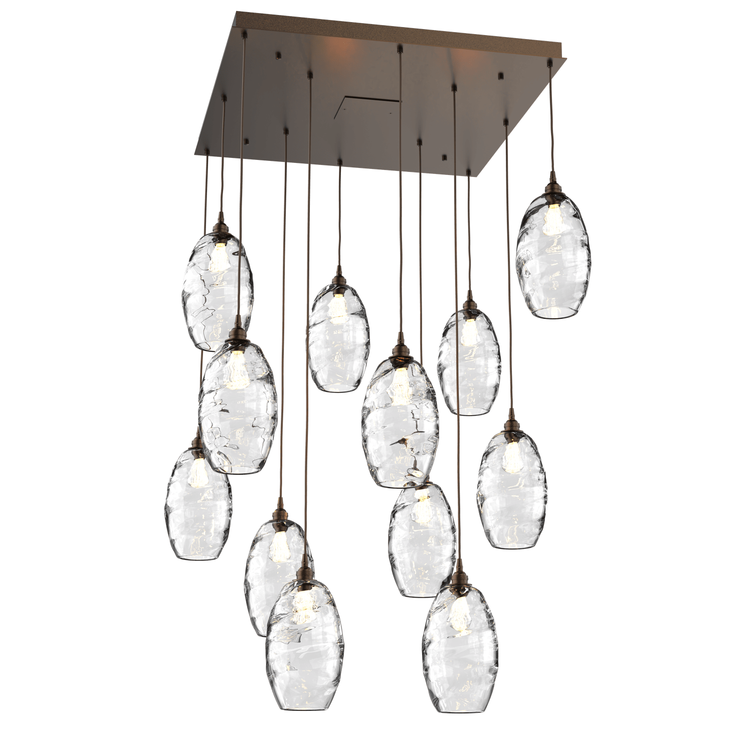 CHB0035-12-FB-OC-Hammerton-Studio-Optic-Blown-Glass-Elisse-12-light-square-pendant-chandelier-with-flat-bronze-finish-and-optic-clear-blown-glass-shades-and-incandescent-lamping