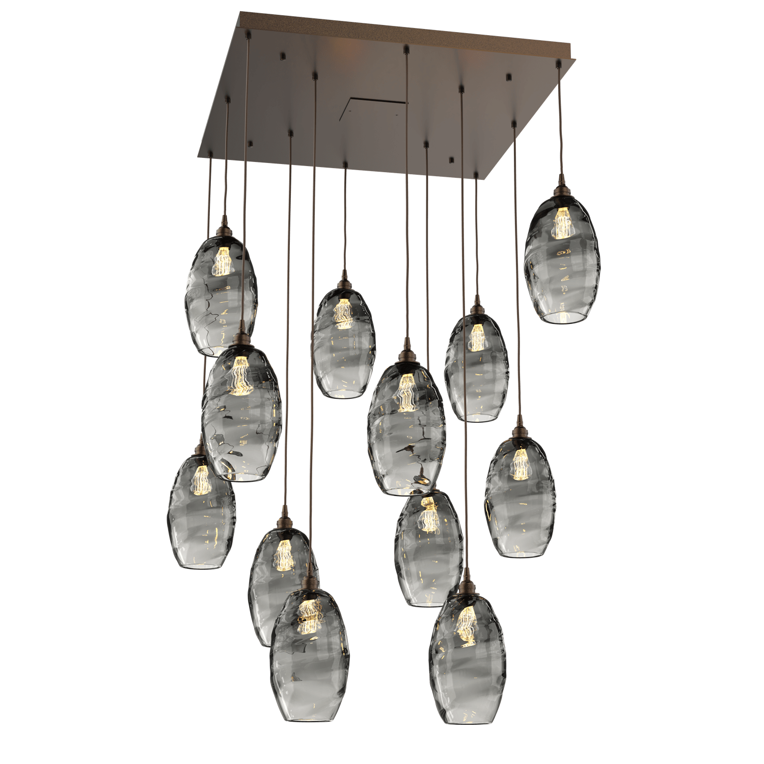 CHB0035-12-FB-OS-Hammerton-Studio-Optic-Blown-Glass-Elisse-12-light-square-pendant-chandelier-with-flat-bronze-finish-and-optic-smoke-blown-glass-shades-and-incandescent-lamping