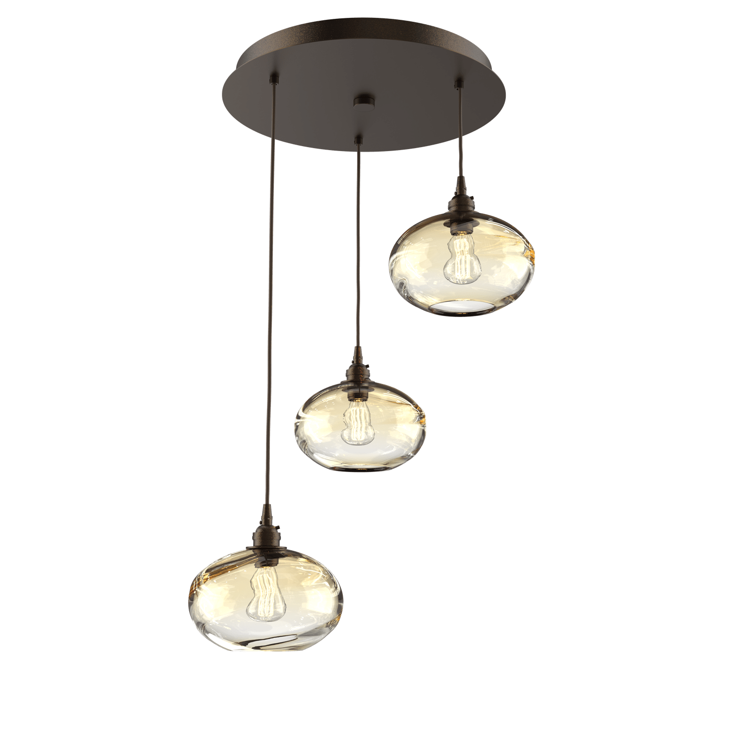 CHB0036-03-FB-OA-Hammerton-Studio-Optic-Blown-Glass-Coppa-3-light-round-pendant-chandelier-with-flat-bronze-finish-and-optic-amber-blown-glass-shades-and-incandescent-lamping