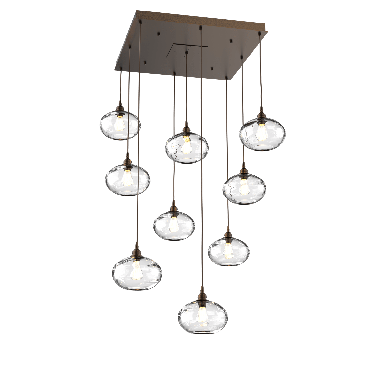 CHB0036-09-FB-OC-Hammerton-Studio-Optic-Blown-Glass-Coppa-9-light-square-pendant-chandelier-with-flat-bronze-finish-and-optic-clear-blown-glass-shades-and-incandescent-lamping