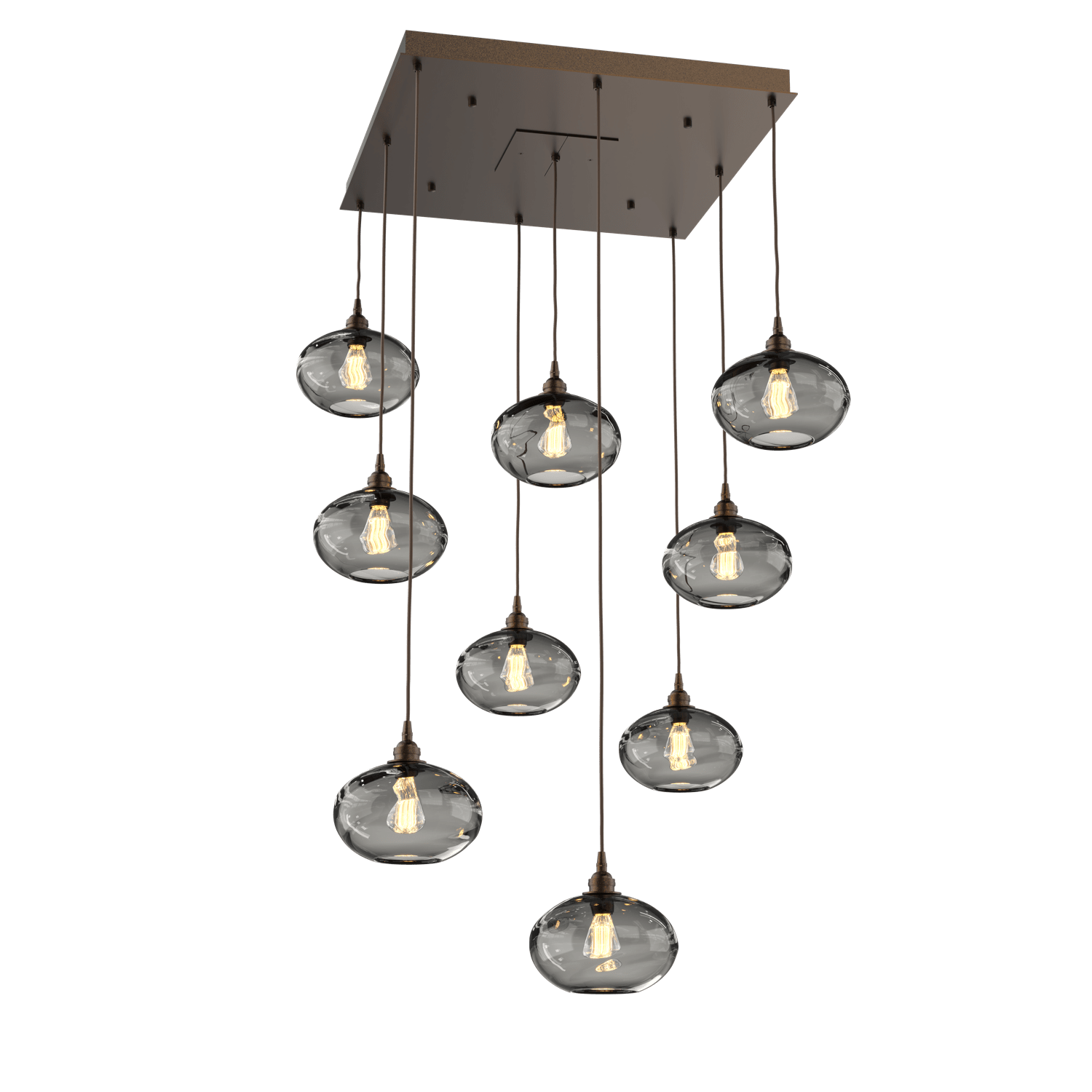 CHB0036-09-FB-OS-Hammerton-Studio-Optic-Blown-Glass-Coppa-9-light-square-pendant-chandelier-with-flat-bronze-finish-and-optic-smoke-blown-glass-shades-and-incandescent-lamping