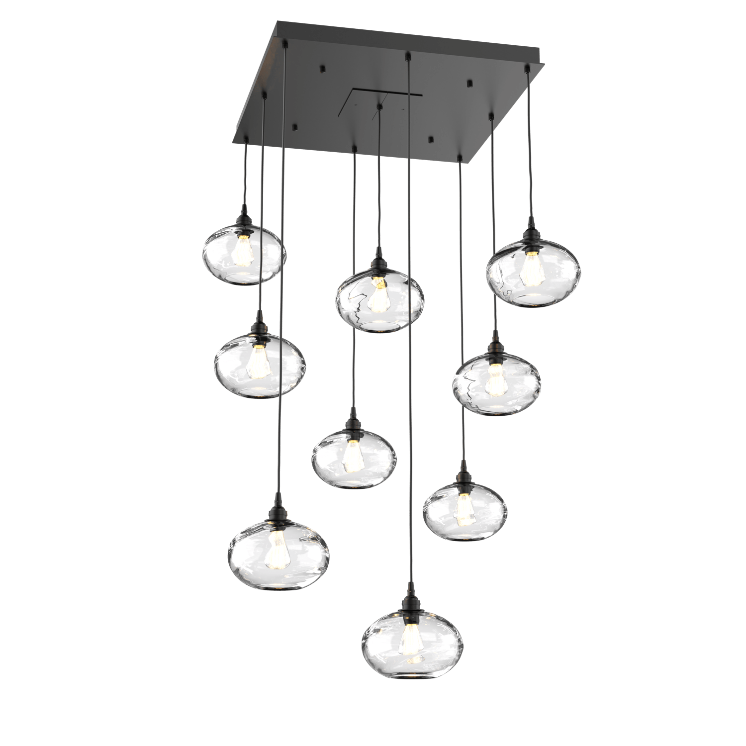 CHB0036-09-MB-OC-Hammerton-Studio-Optic-Blown-Glass-Coppa-9-light-square-pendant-chandelier-with-matte-black-finish-and-optic-clear-blown-glass-shades-and-incandescent-lamping