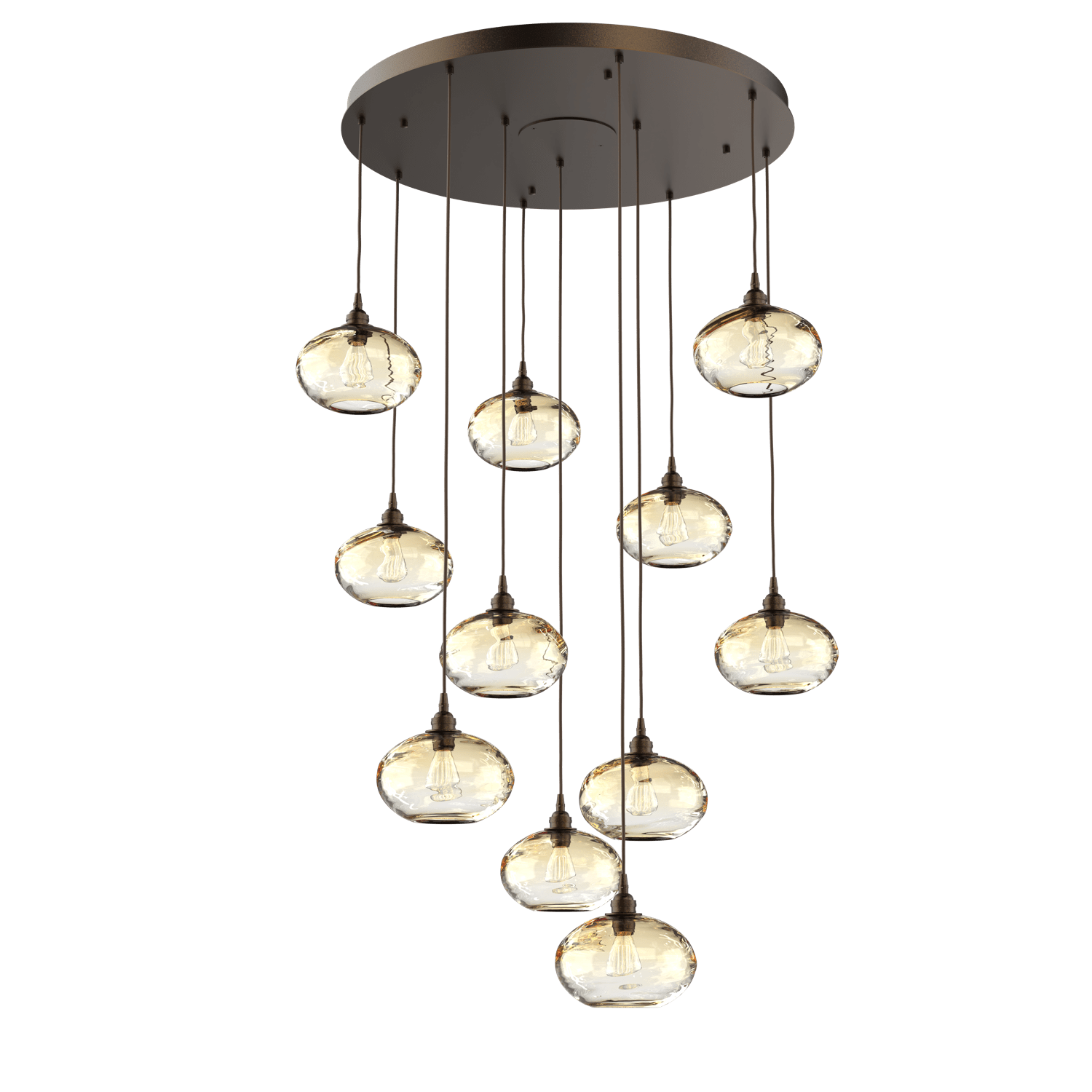 CHB0036-11-FB-OA-Hammerton-Studio-Optic-Blown-Glass-Coppa-11-light-round-pendant-chandelier-with-flat-bronze-finish-and-optic-amber-blown-glass-shades-and-incandescent-lamping