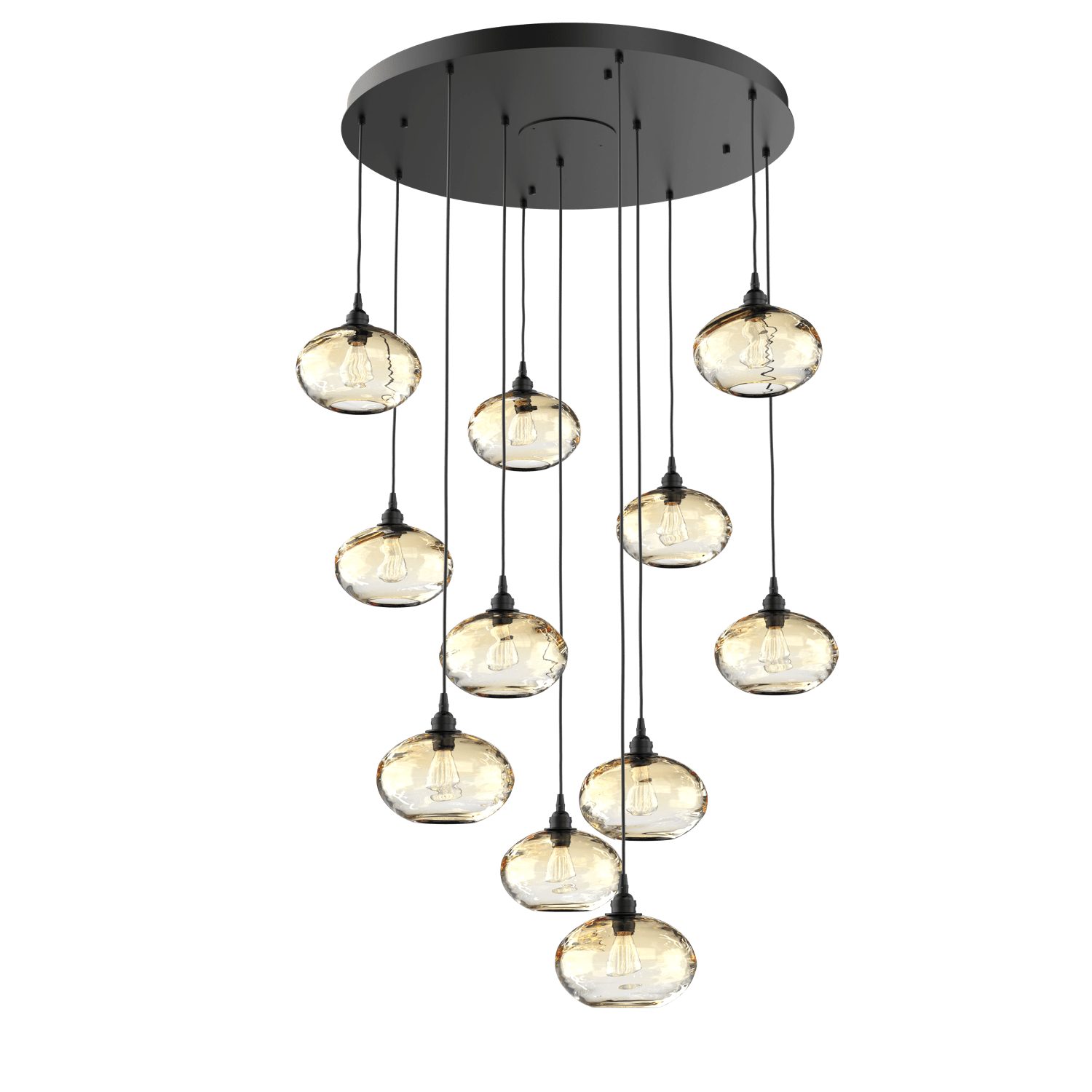 CHB0036-11-MB-OA-Hammerton-Studio-Optic-Blown-Glass-Coppa-11-light-round-pendant-chandelier-with-matte-black-finish-and-optic-amber-blown-glass-shades-and-incandescent-lamping