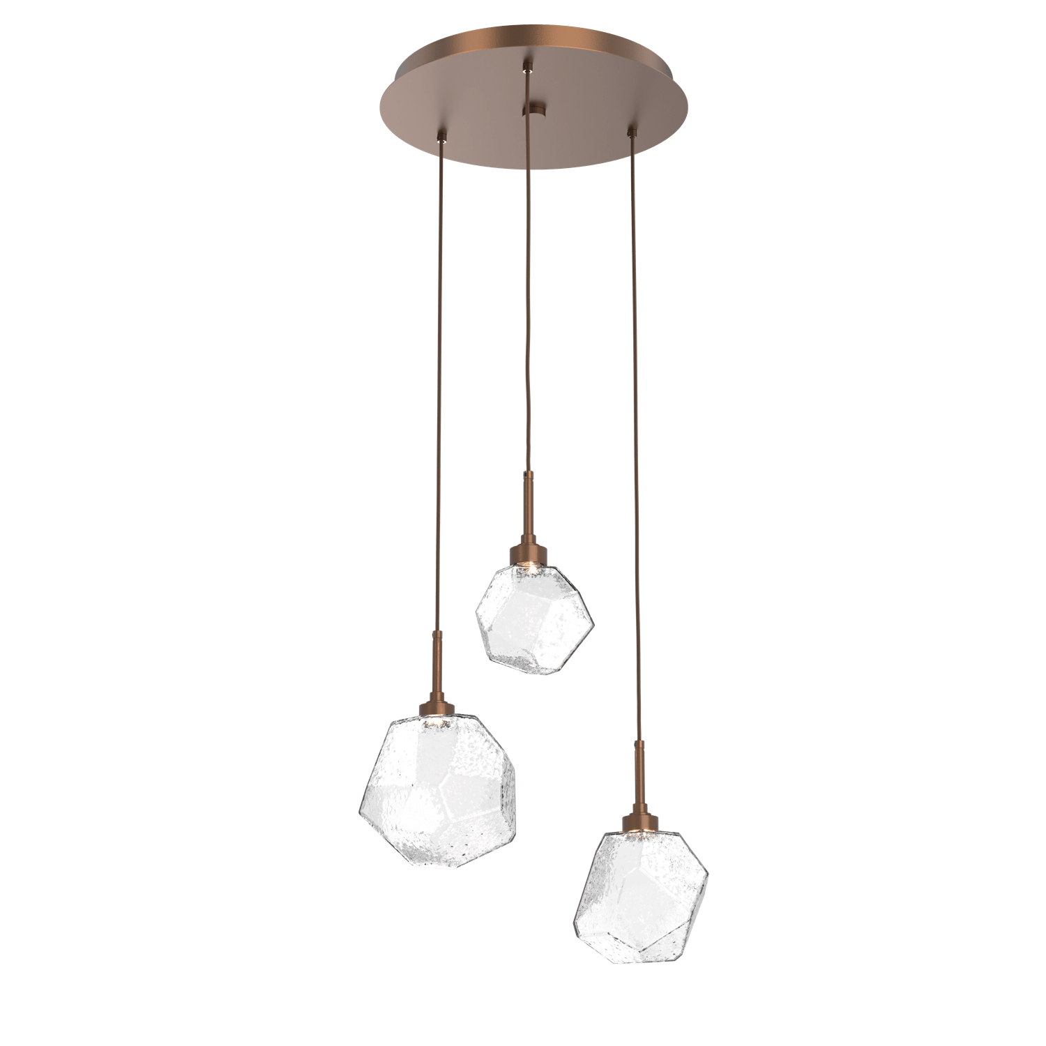 CHB0039-03-BB-C-Hammerton-Studio-Gem-3-light-round-pendant-chandelier-with-burnished-bronze-finish-and-clear-blown-glass-shades-and-LED-lamping