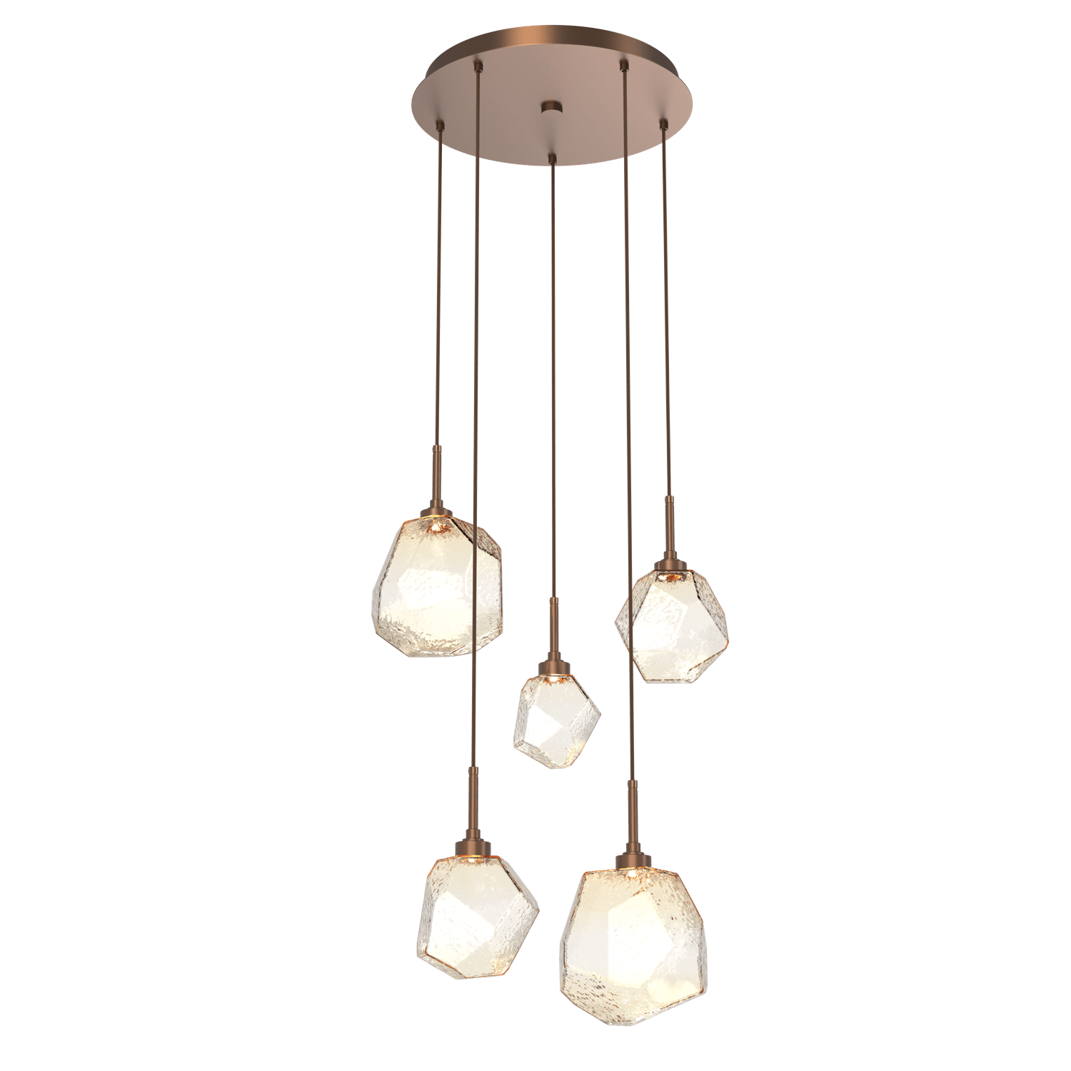 CHB0039-05-BB-A-Hammerton-Studio-Gem-5-light-round-pendant-chandelier-with-burnished-bronze-finish-and-amber-blown-glass-shades-and-LED-lamping