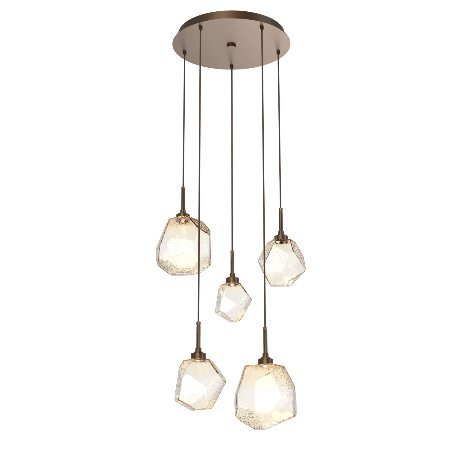 CHB0039-05-FB-A-Hammerton-Studio-Gem-5-light-round-pendant-chandelier-with-flat-bronze-finish-and-amber-blown-glass-shades-and-LED-lamping