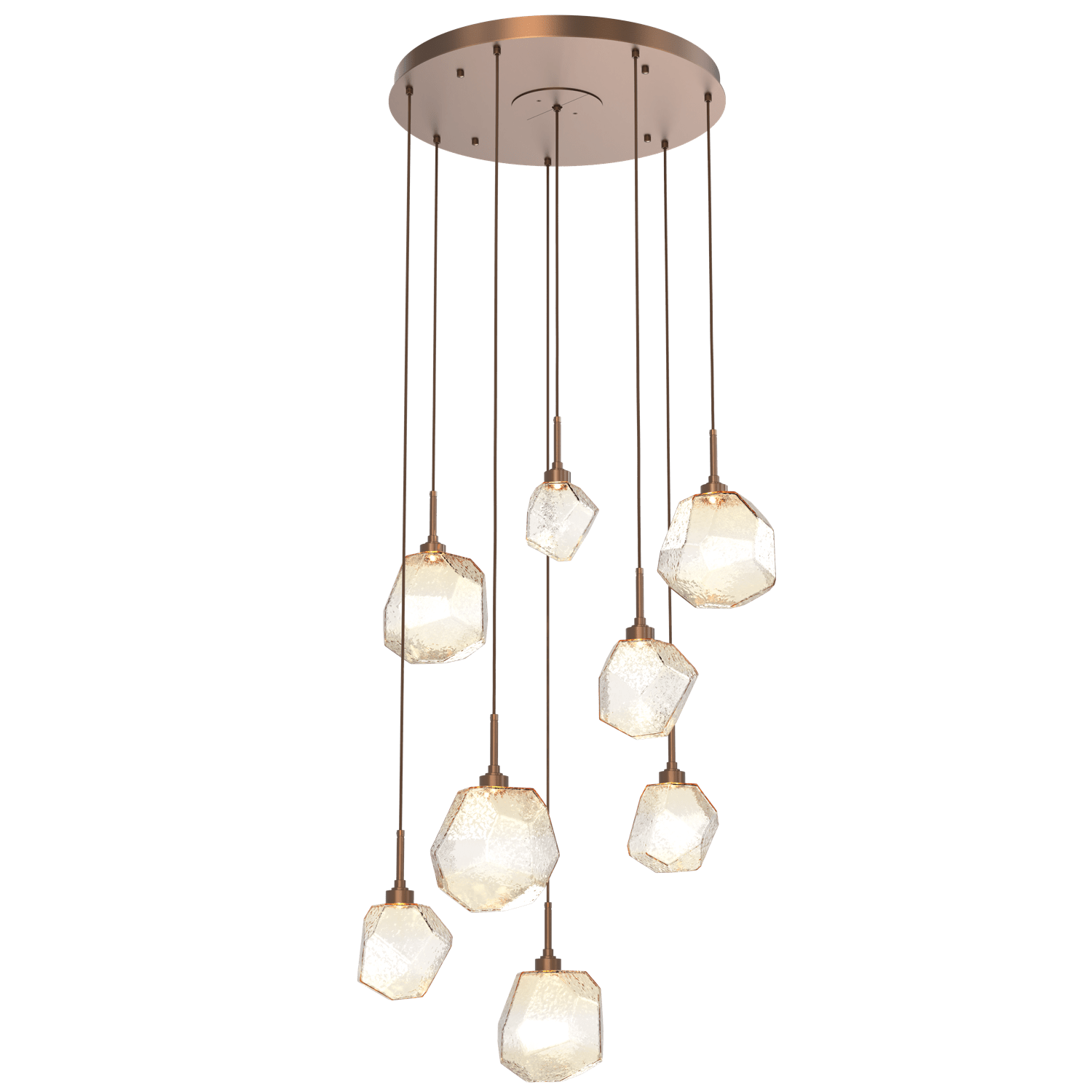 CHB0039-08-BB-A-Hammerton-Studio-Gem-8-light-round-pendant-chandelier-with-burnished-bronze-finish-and-amber-blown-glass-shades-and-LED-lamping