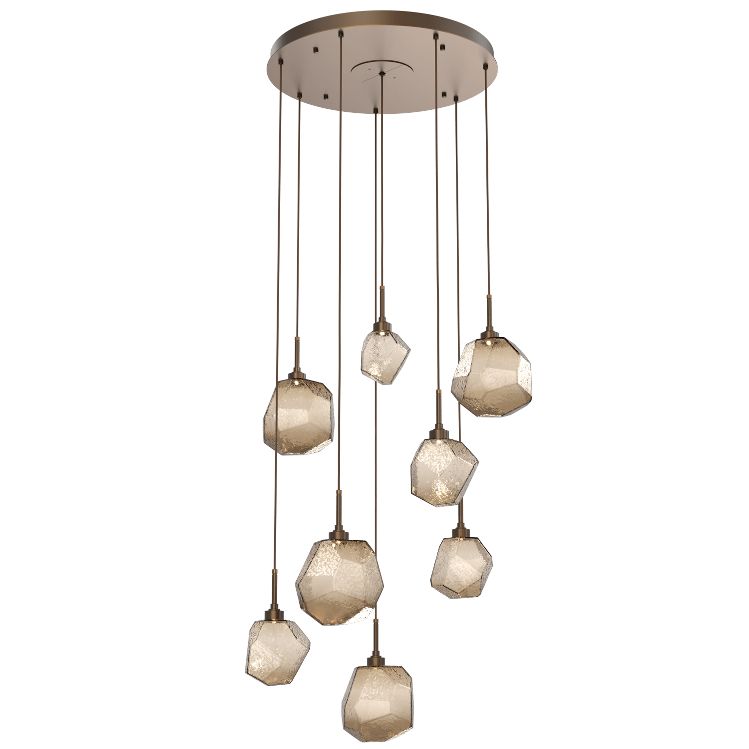 CHB0039-08-FB-B-Hammerton-Studio-Gem-8-light-round-pendant-chandelier-with-flat-bronze-finish-and-bronze-blown-glass-shades-and-LED-lamping